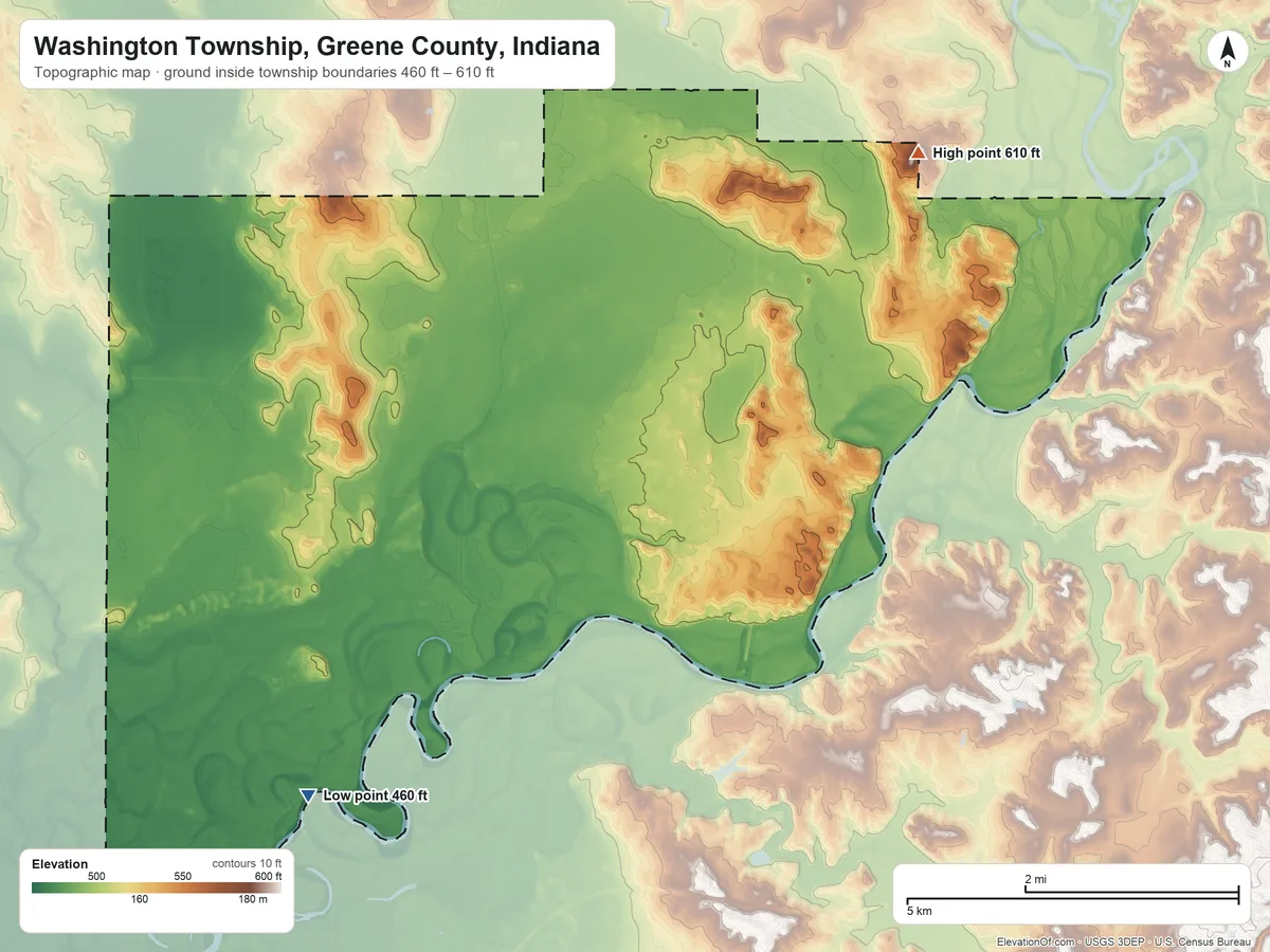 Topographic elevation map of Washington Township, Greene County, Indiana, shaded from 460 ft on the south side to 610 ft on the east side