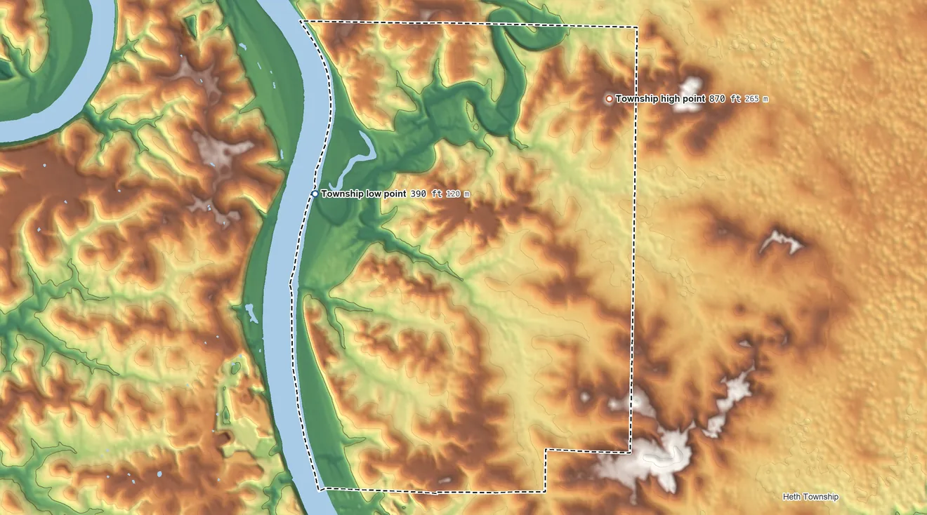 Topographic elevation map of Washington Township, Harrison County, Indiana, shaded from 390 ft on the west side to 870 ft on the north side