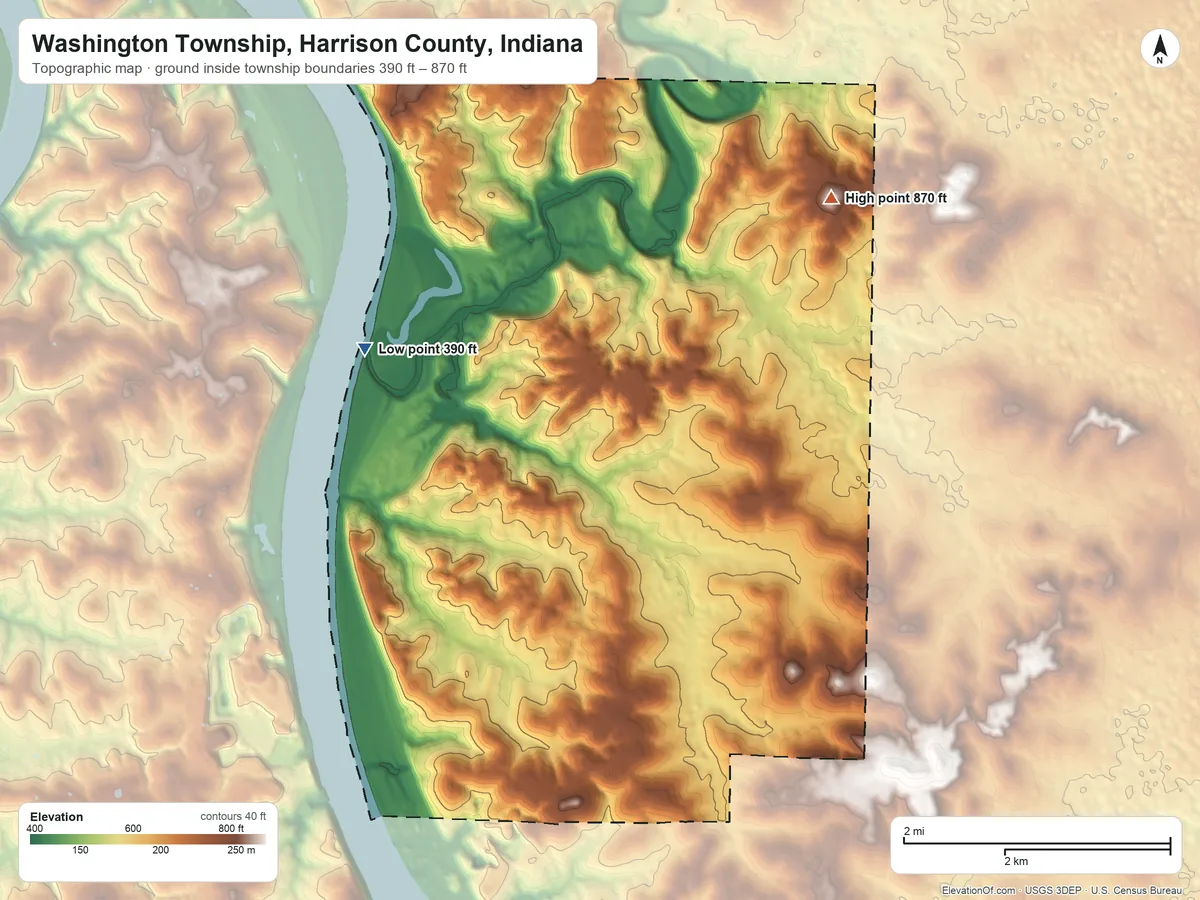 Topographic elevation map of Washington Township, Harrison County, Indiana, shaded from 390 ft on the west side to 870 ft on the north side