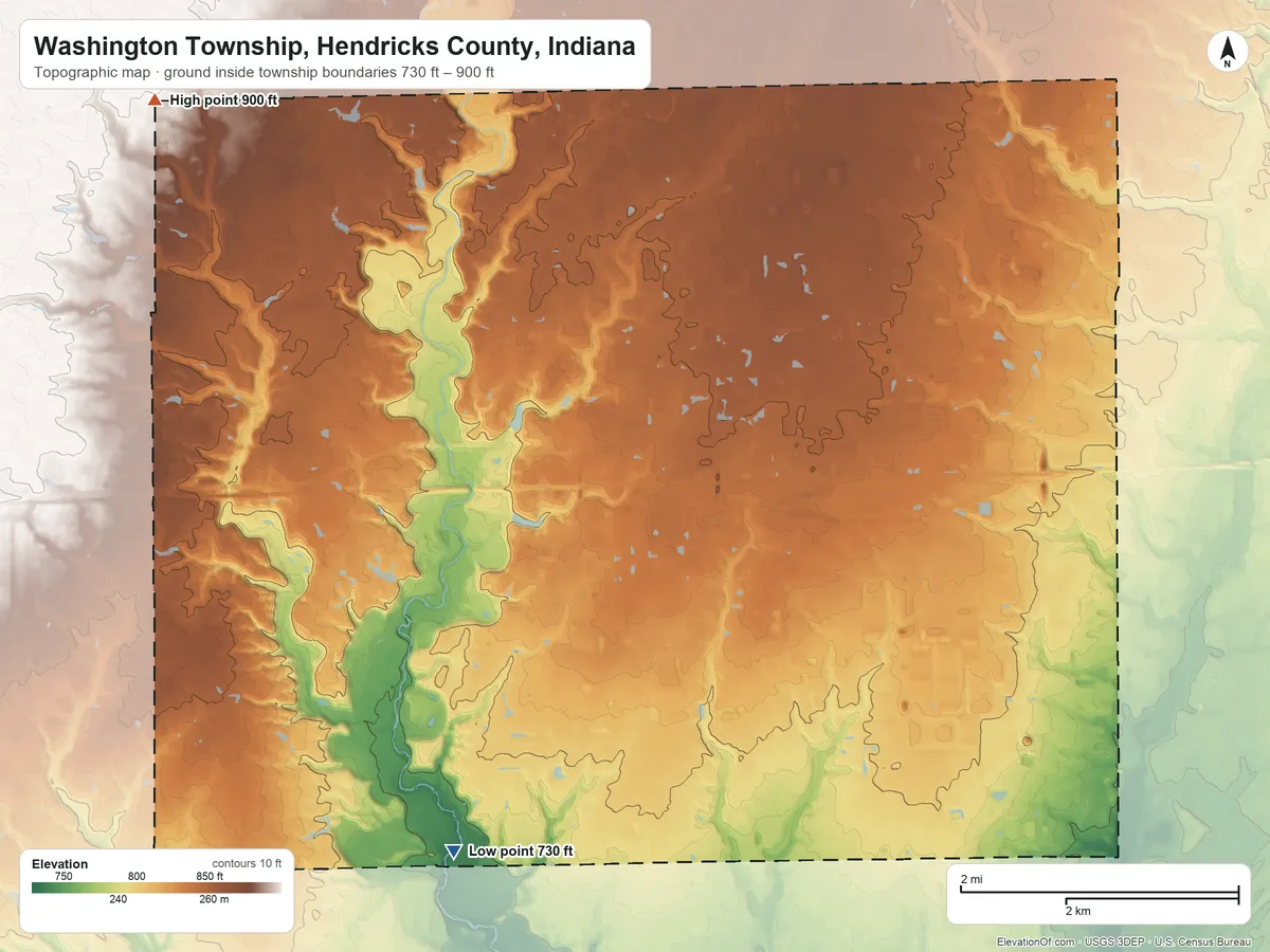Topographic elevation map of Washington Township, Hendricks County, Indiana, shaded from 730 ft on the southwest side to 900 ft on the northwest side