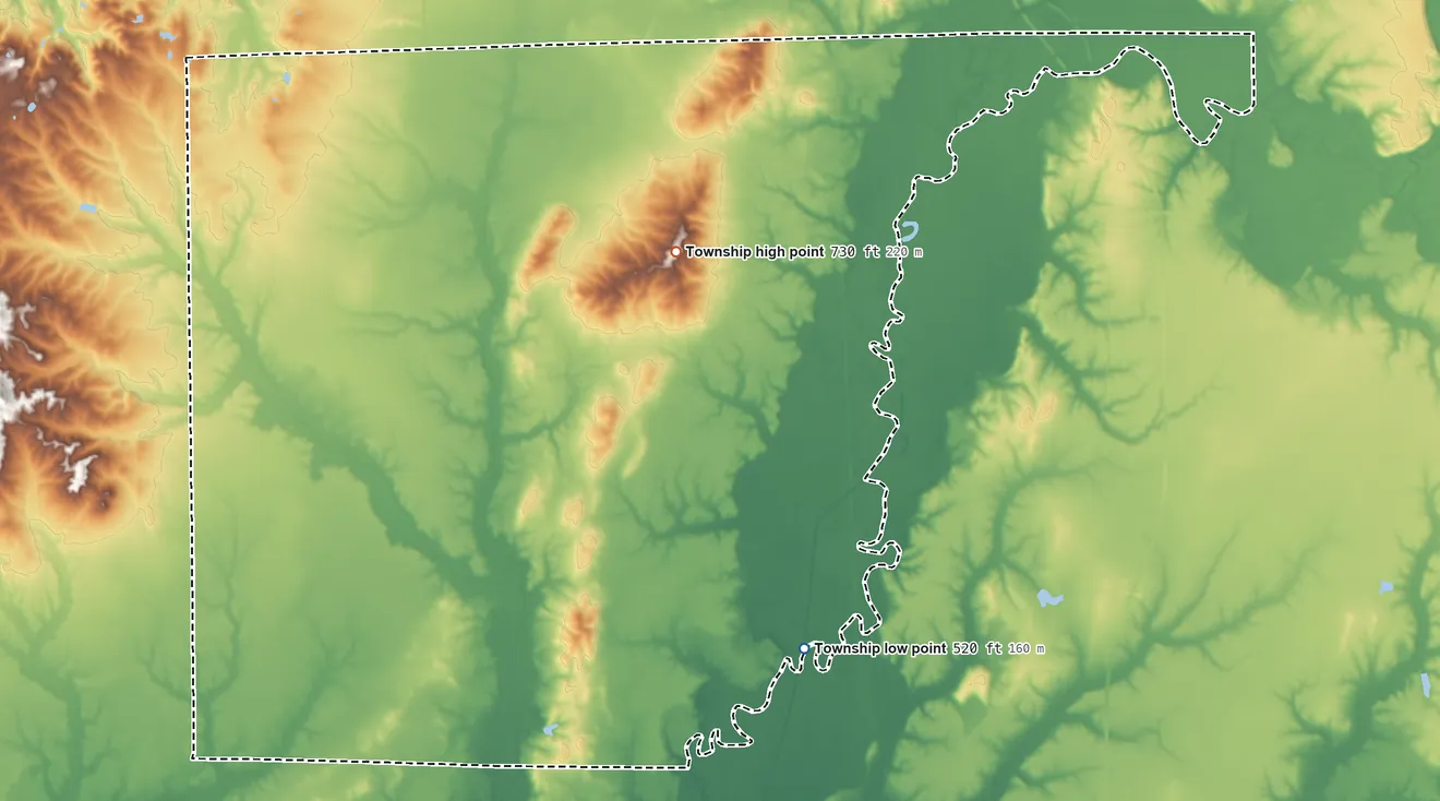 Topographic elevation map of Washington Township, Jackson County, Indiana, shaded from 520 ft on the southeast side to 730 ft on the northeast side