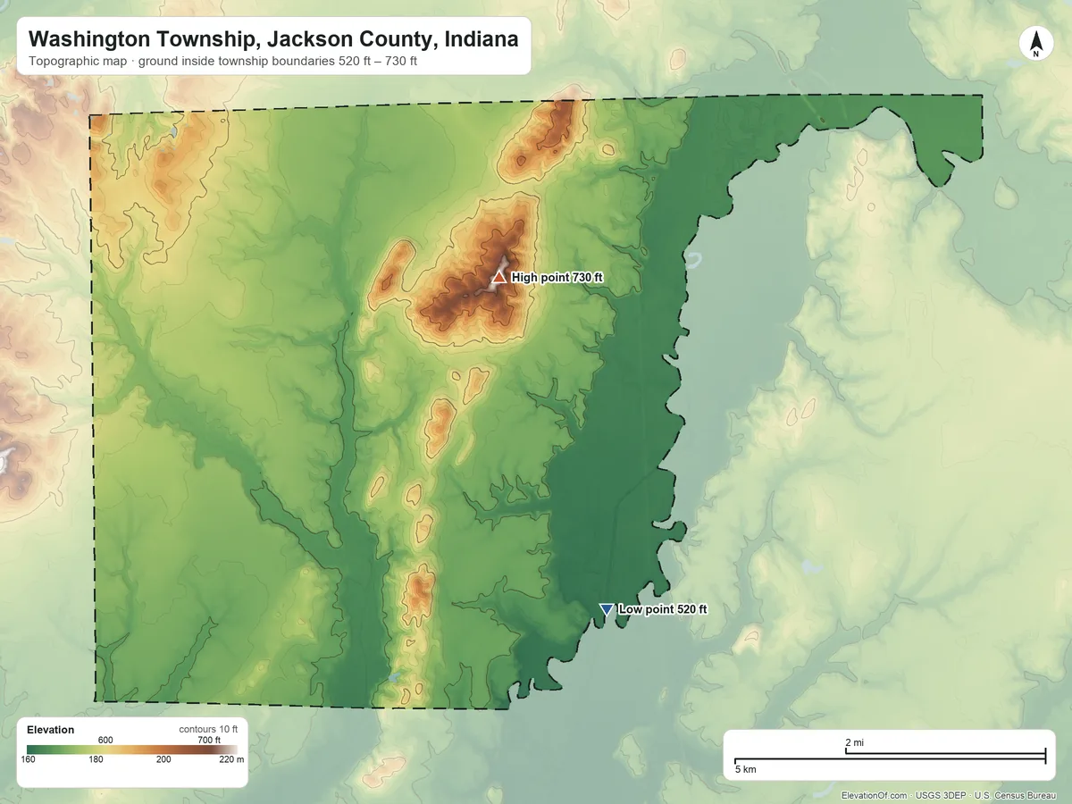 Topographic elevation map of Washington Township, Jackson County, Indiana, shaded from 520 ft on the southeast side to 730 ft on the northeast side