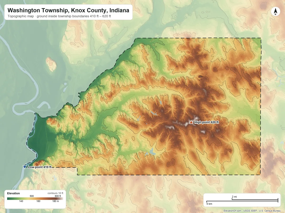 Topographic elevation map of Washington Township, Knox County, Indiana, shaded from 410 ft on the west side to 620 ft on Barefoot Nation Hills