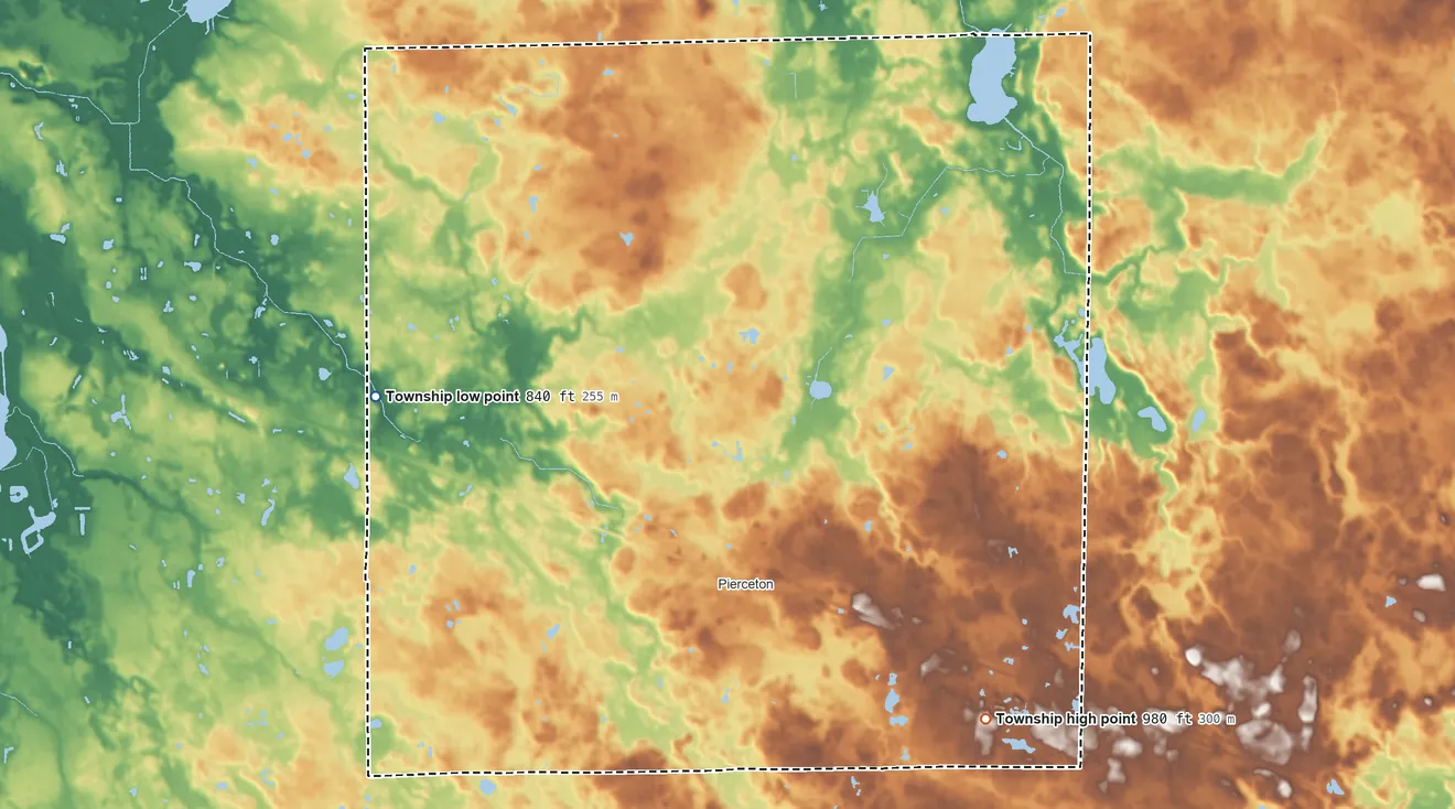 Topographic elevation map of Washington Township, Kosciusko County, Indiana, shaded from 840 ft on the west side to 980 ft on the southeast side