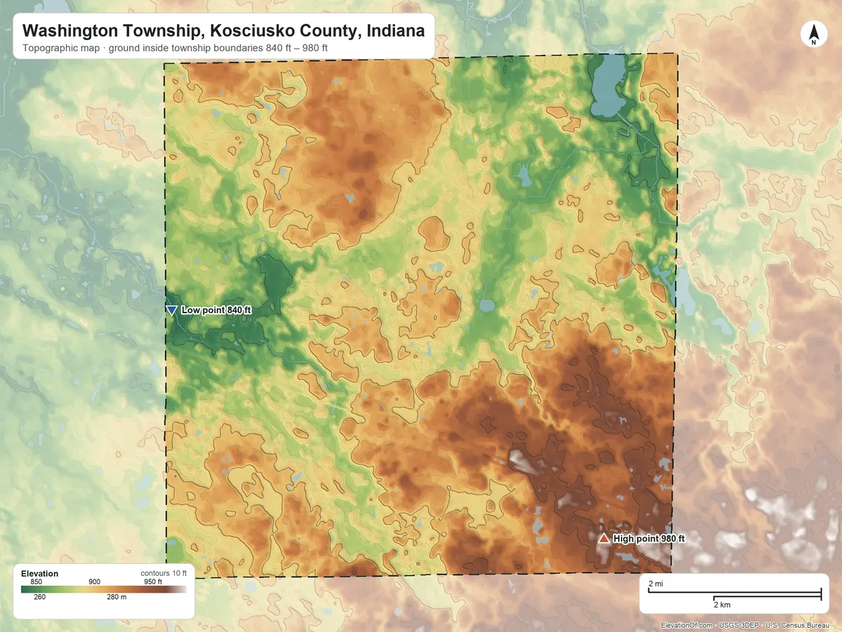 Topographic elevation map of Washington Township, Kosciusko County, Indiana, shaded from 840 ft on the west side to 980 ft on the southeast side