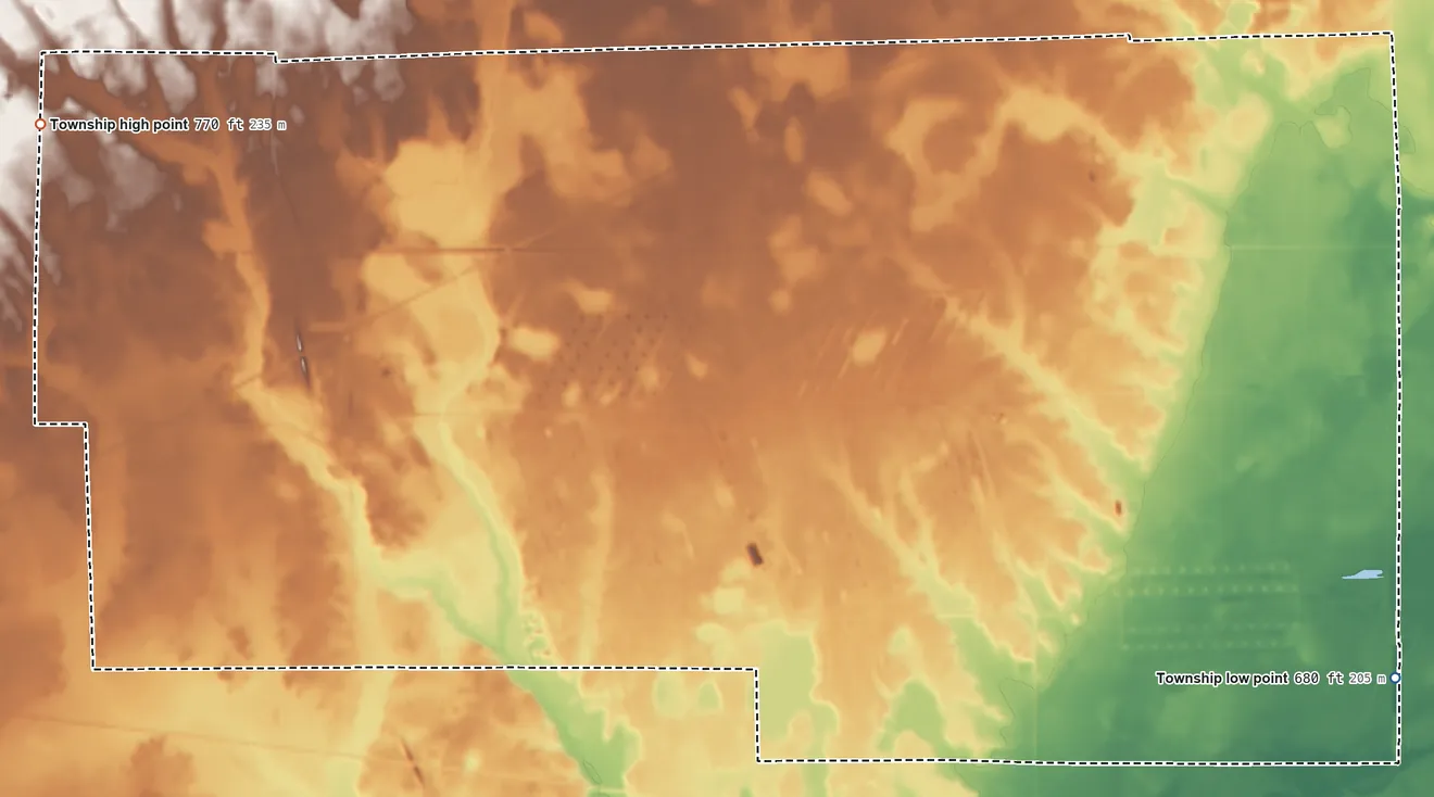 Topographic elevation map of Washington Township, LaPorte County, Indiana, shaded from 680 ft on the southeast side to 770 ft on the west side