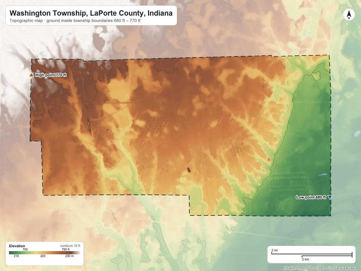 Topographic elevation map of Washington Township, LaPorte County, Indiana, shaded from 680 ft on the southeast side to 770 ft on the west side