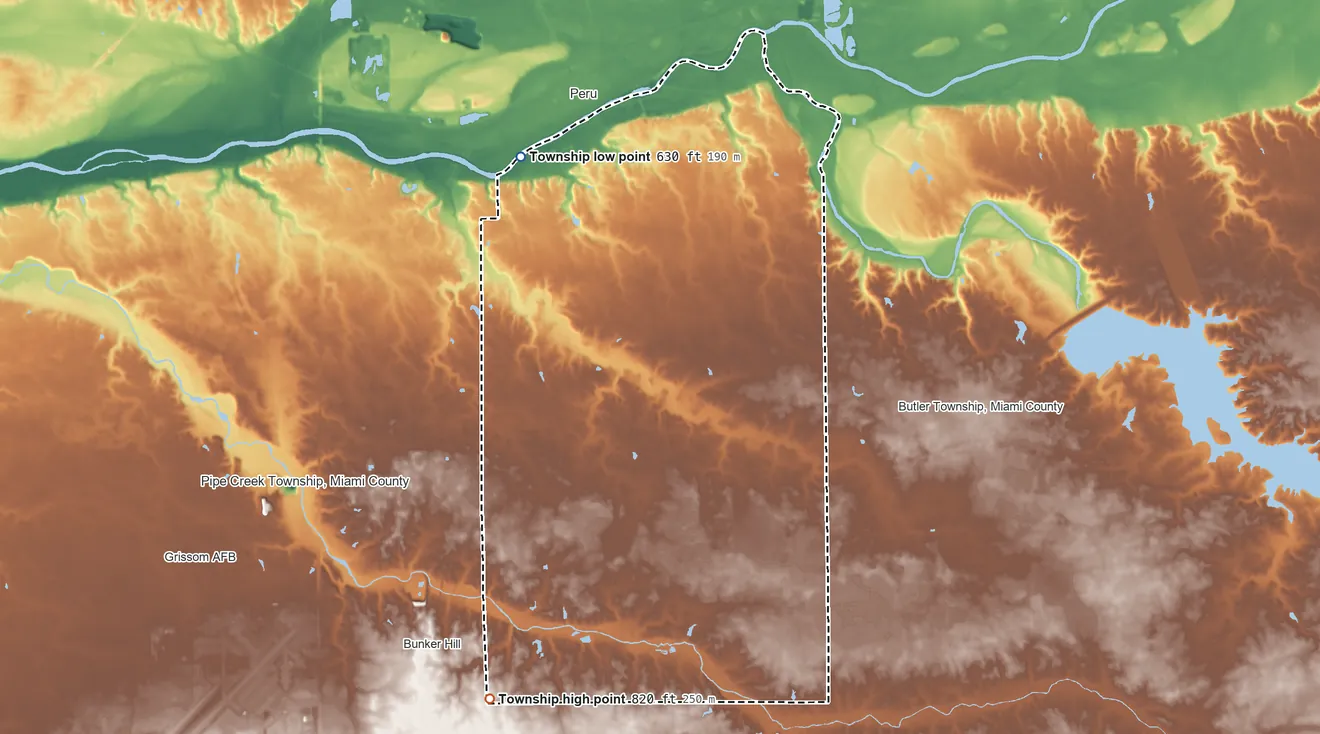 Topographic elevation map of Washington Township, Miami County, Indiana, shaded from 630 ft on the northwest side to 820 ft on the south side