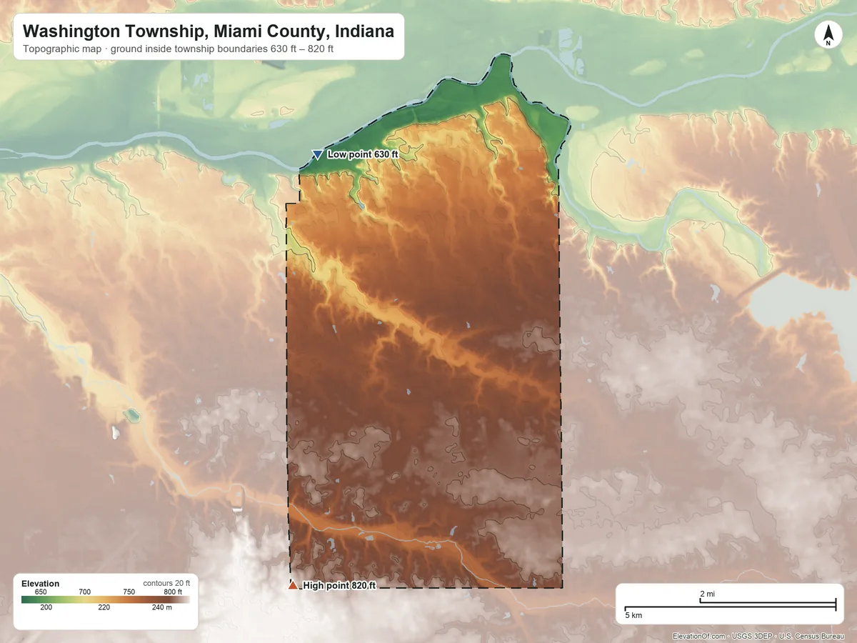 Topographic elevation map of Washington Township, Miami County, Indiana, shaded from 630 ft on the northwest side to 820 ft on the south side
