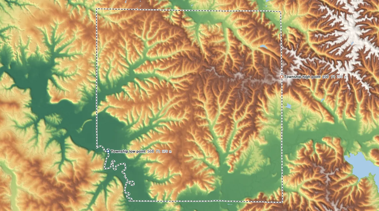 Topographic elevation map of Washington Township, Monroe County, Indiana, shaded from 560 ft on the west side to 890 ft on the northeast side