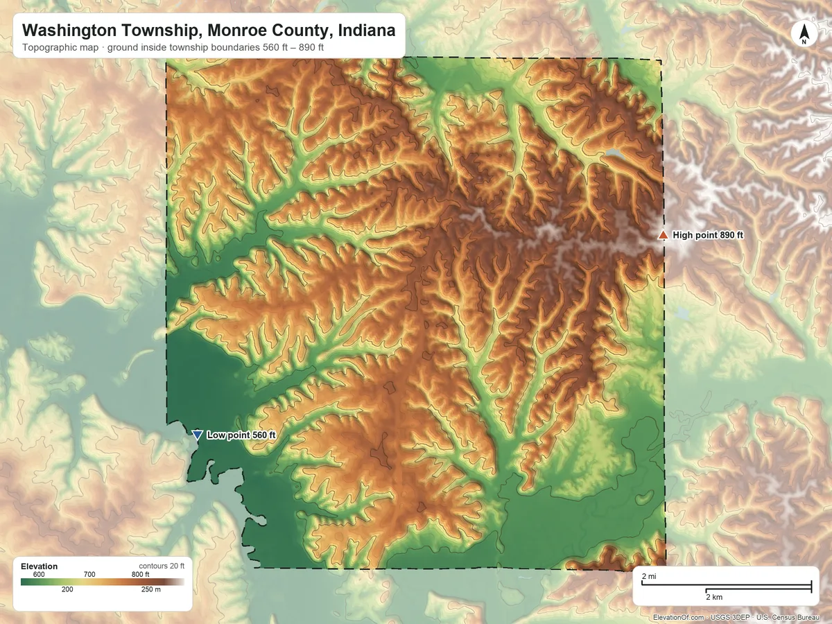 Topographic elevation map of Washington Township, Monroe County, Indiana, shaded from 560 ft on the west side to 890 ft on the northeast side