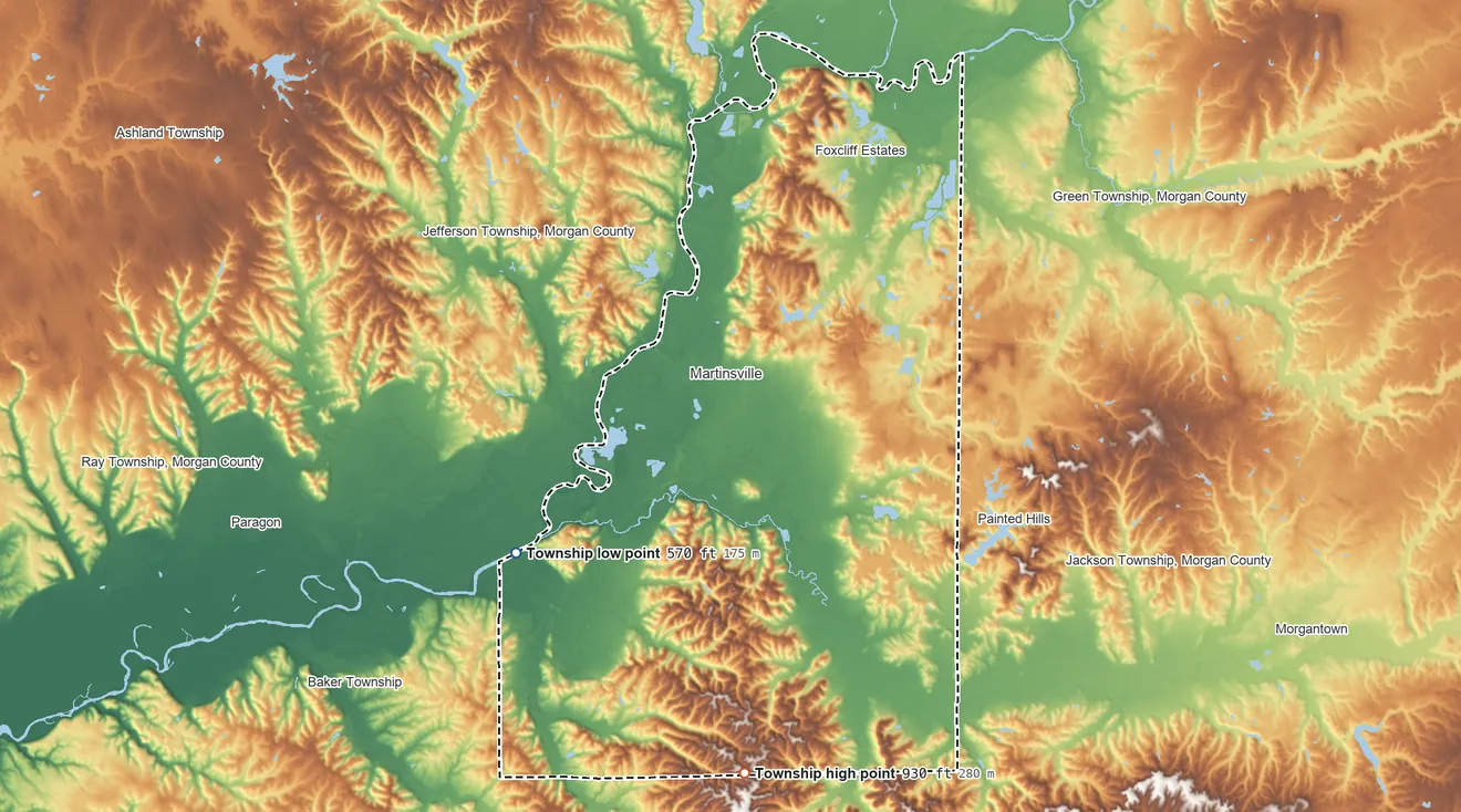 Topographic elevation map of Washington Township, Morgan County, Indiana, shaded from 570 ft on the southwest side to 930 ft on the south side
