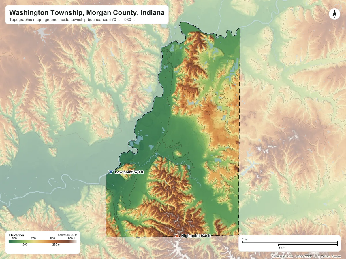 Topographic elevation map of Washington Township, Morgan County, Indiana, shaded from 570 ft on the southwest side to 930 ft on the south side