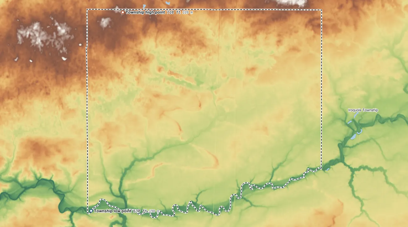 Topographic elevation map of Washington Township, Newton County, Indiana, shaded from 630 ft on the southwest side to 710 ft on the northwest side
