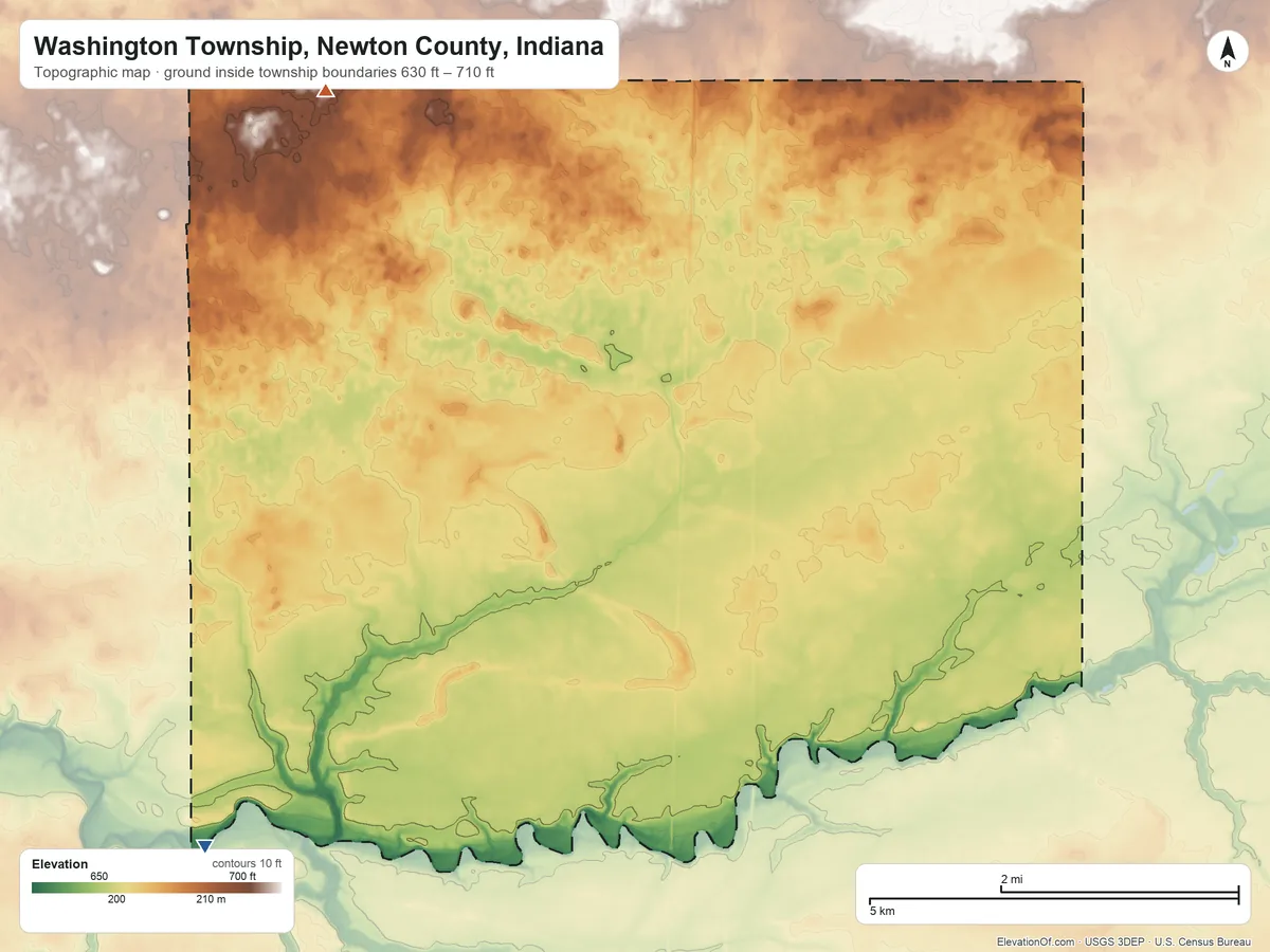 Topographic elevation map of Washington Township, Newton County, Indiana, shaded from 630 ft on the southwest side to 710 ft on the northwest side