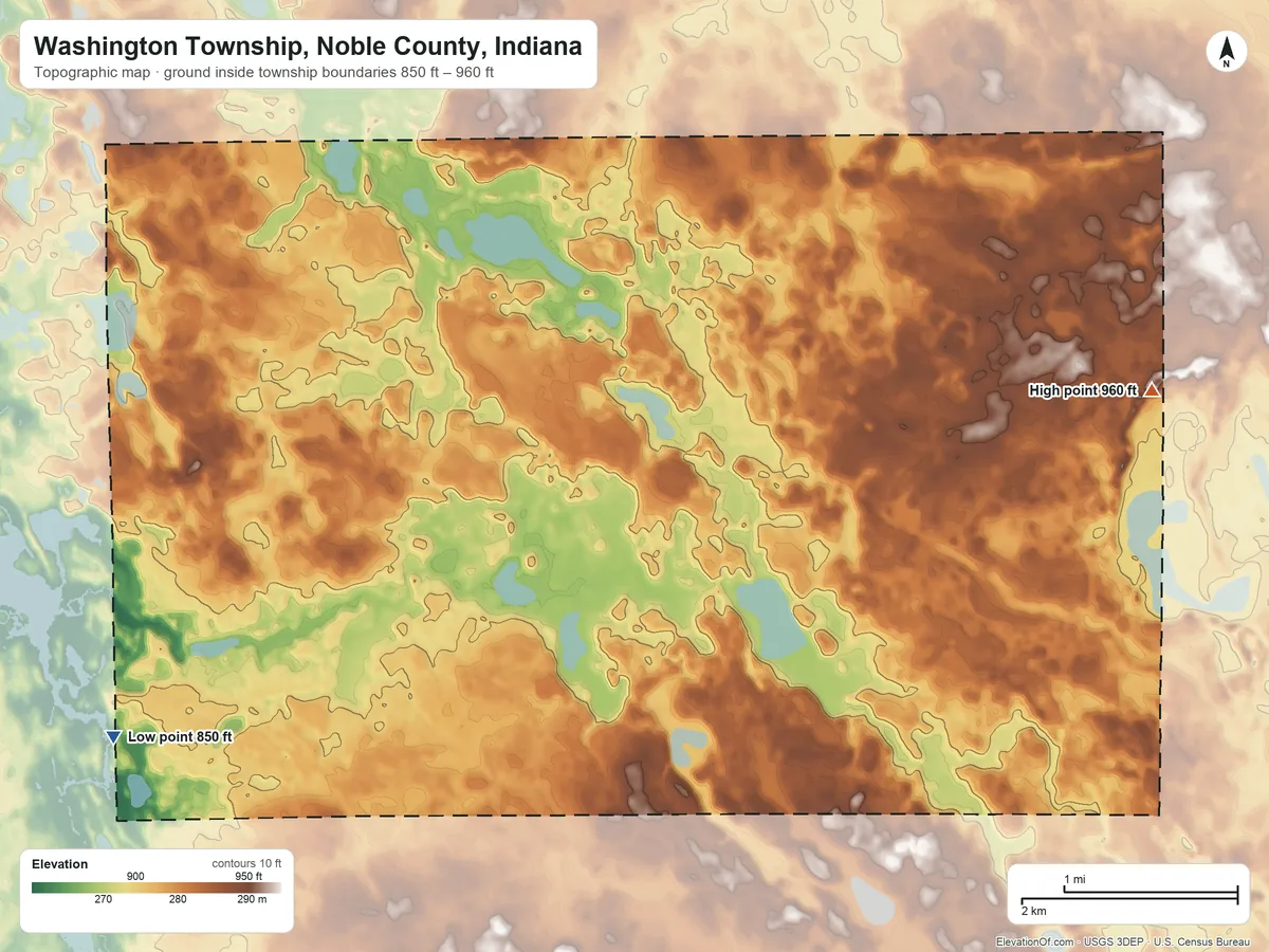 Topographic elevation map of Washington Township, Noble County, Indiana, shaded from 850 ft on the southwest side to 960 ft on the east side