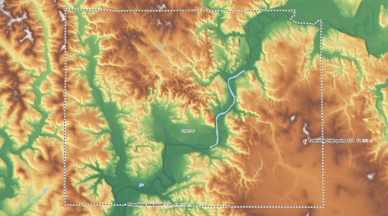 Topographic elevation map of Washington Township, Owen County, Indiana, shaded from 520 ft on the southwest side to 840 ft on the east side