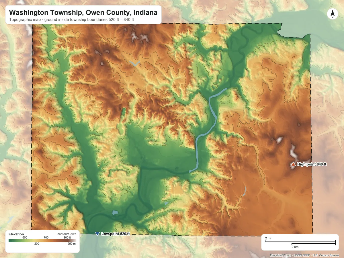 Topographic elevation map of Washington Township, Owen County, Indiana, shaded from 520 ft on the southwest side to 840 ft on the east side