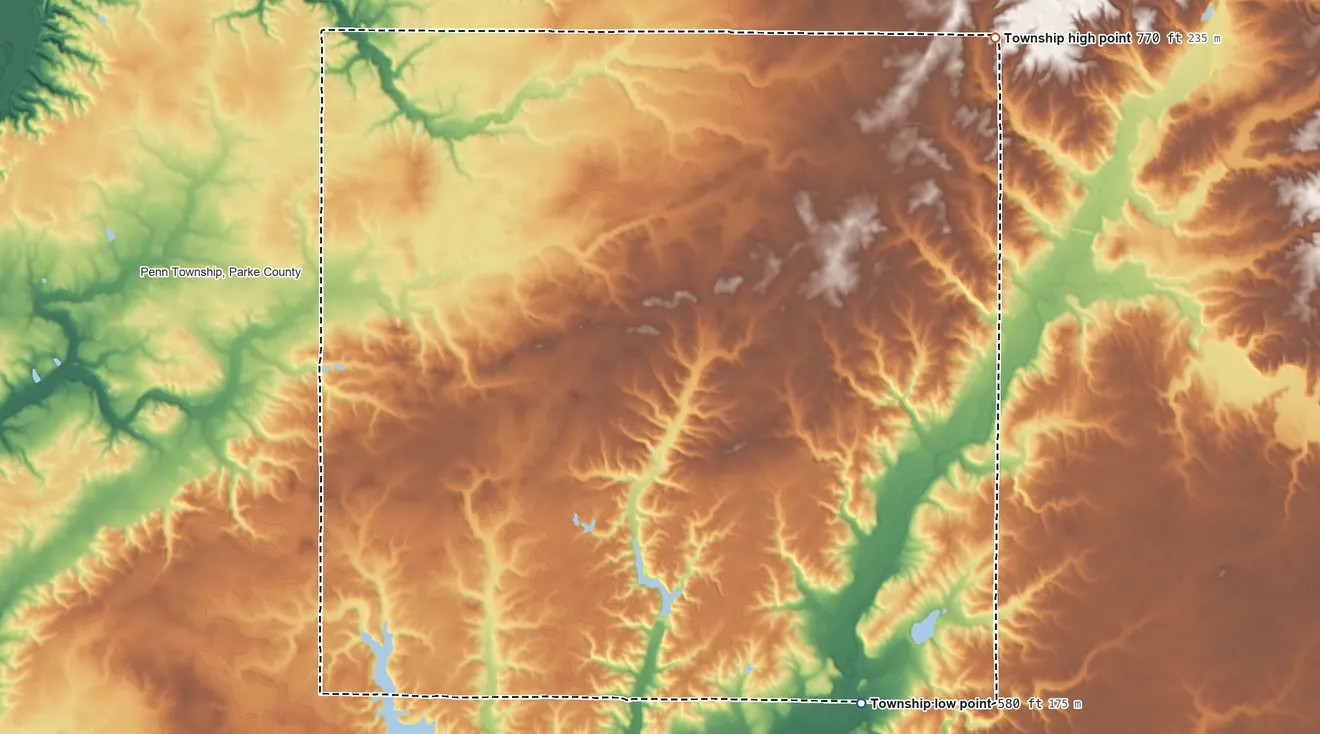 Topographic elevation map of Washington Township, Parke County, Indiana, shaded from 580 ft on the southeast side to 770 ft on the northeast side