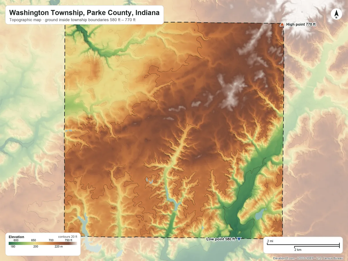 Topographic elevation map of Washington Township, Parke County, Indiana, shaded from 580 ft on the southeast side to 770 ft on the northeast side