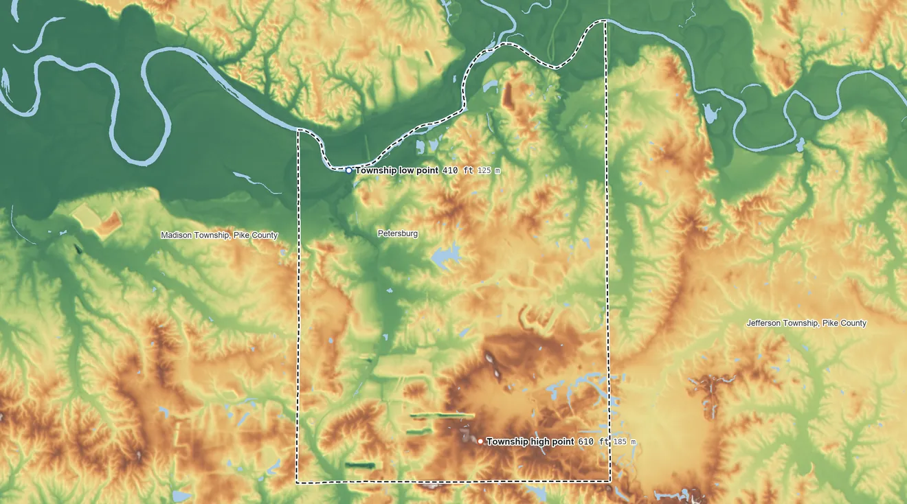 Topographic elevation map of Washington Township, Pike County, Indiana, shaded from 410 ft on the northwest side to 610 ft on the south side