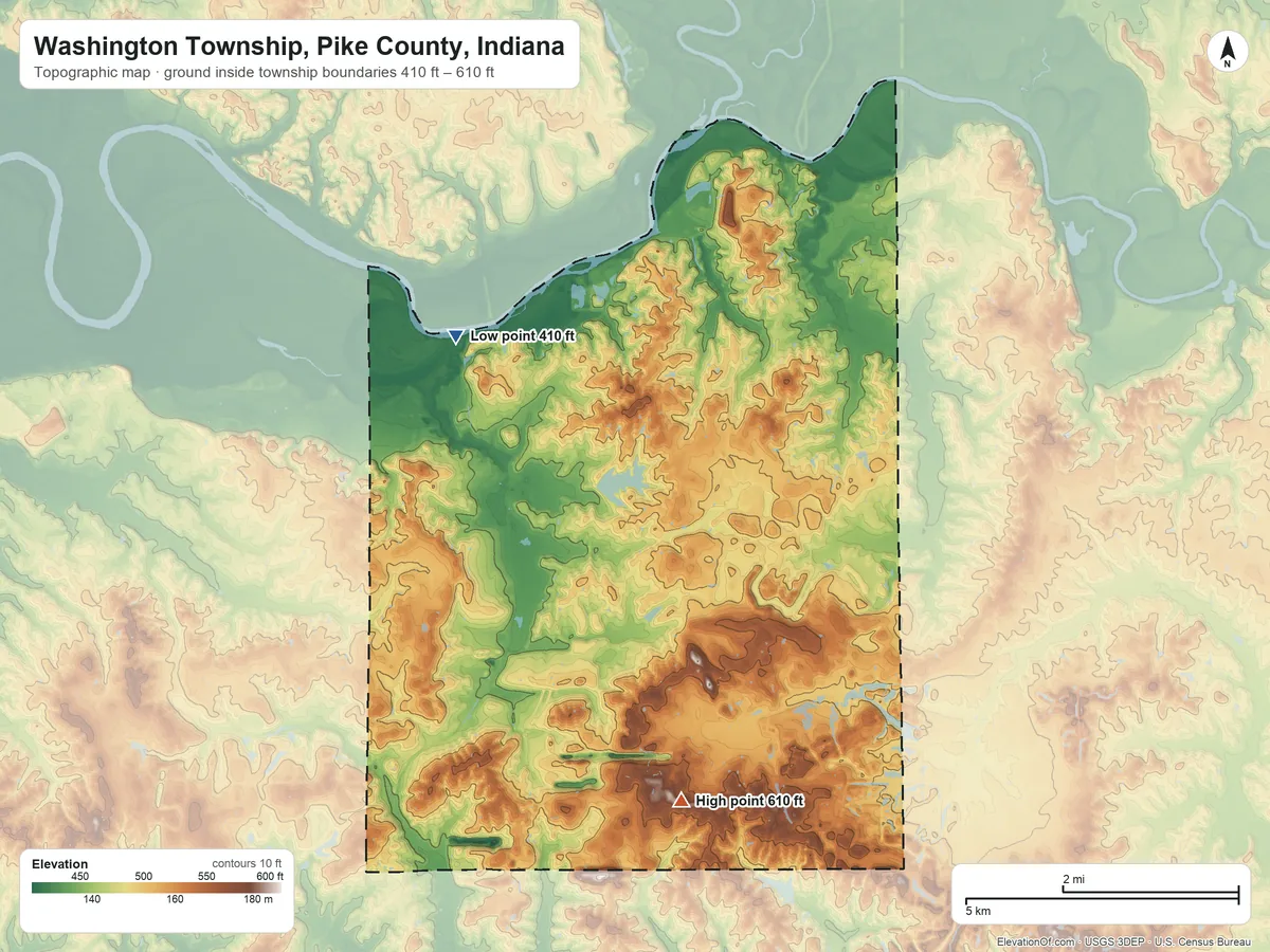 Topographic elevation map of Washington Township, Pike County, Indiana, shaded from 410 ft on the northwest side to 610 ft on the south side