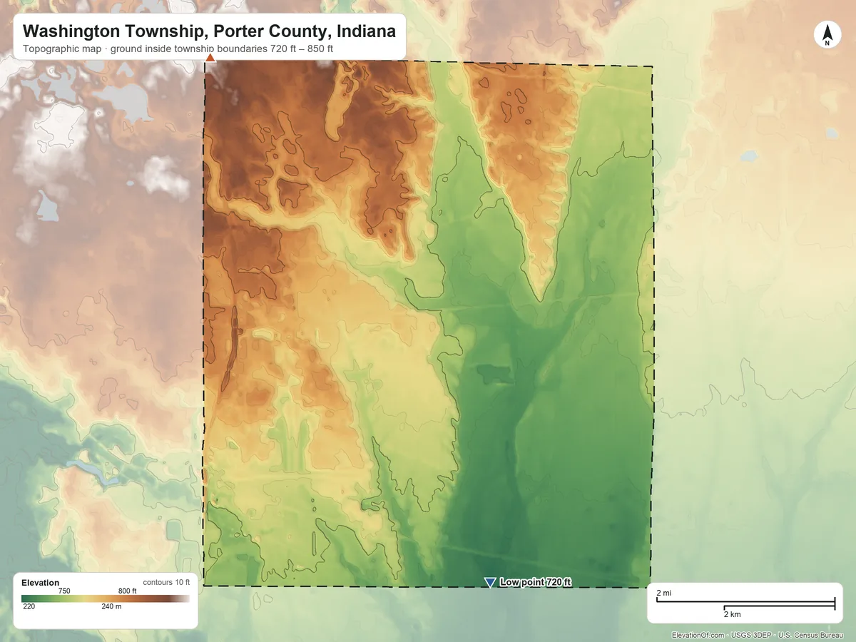 Topographic elevation map of Washington Township, Porter County, Indiana, shaded from 720 ft on the southeast side to 850 ft on the north side