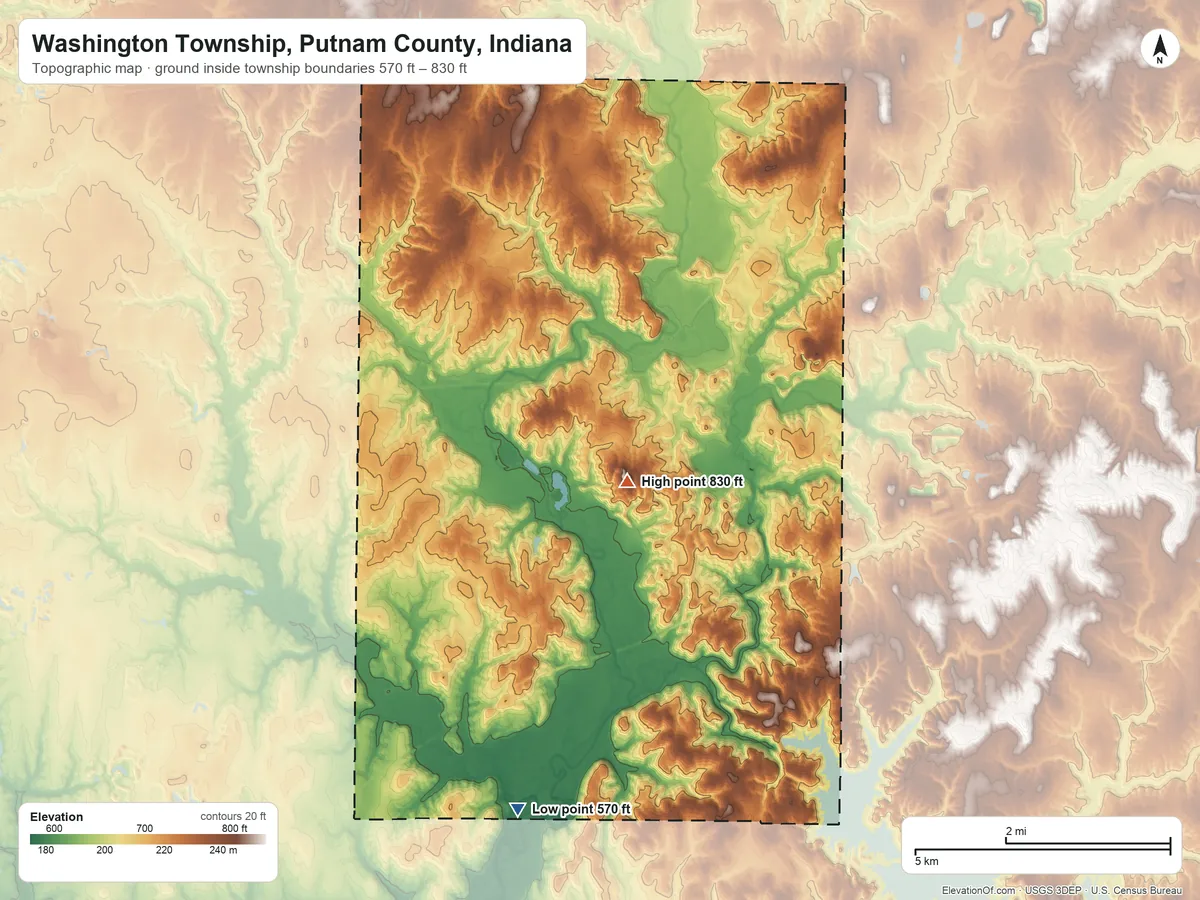Topographic elevation map of Washington Township, Putnam County, Indiana, shaded from 570 ft on the south side to 830 ft near the middle