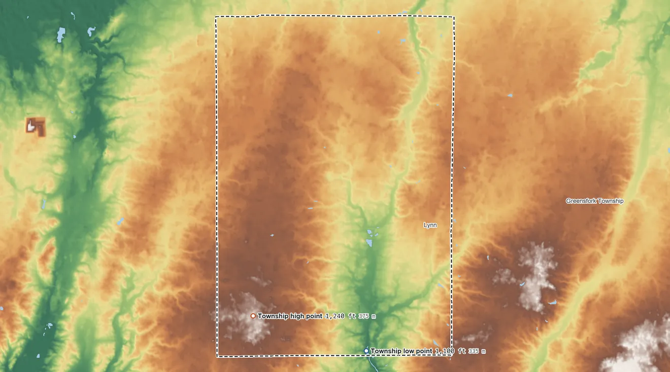 Topographic elevation map of Washington Township, Randolph County, Indiana, shaded from 1,100 ft on the south side to 1,240 ft on the southwest side