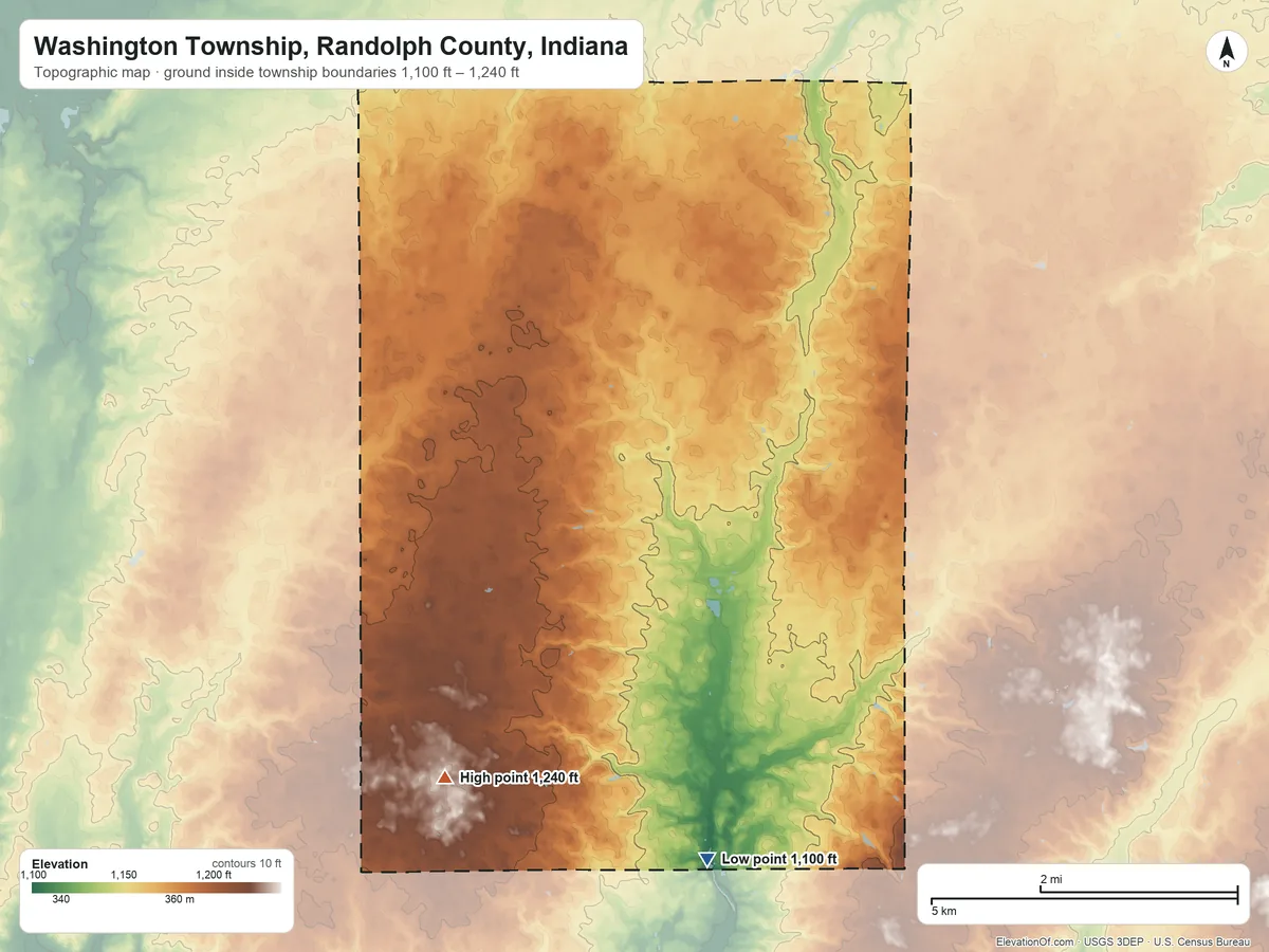 Topographic elevation map of Washington Township, Randolph County, Indiana, shaded from 1,100 ft on the south side to 1,240 ft on the southwest side