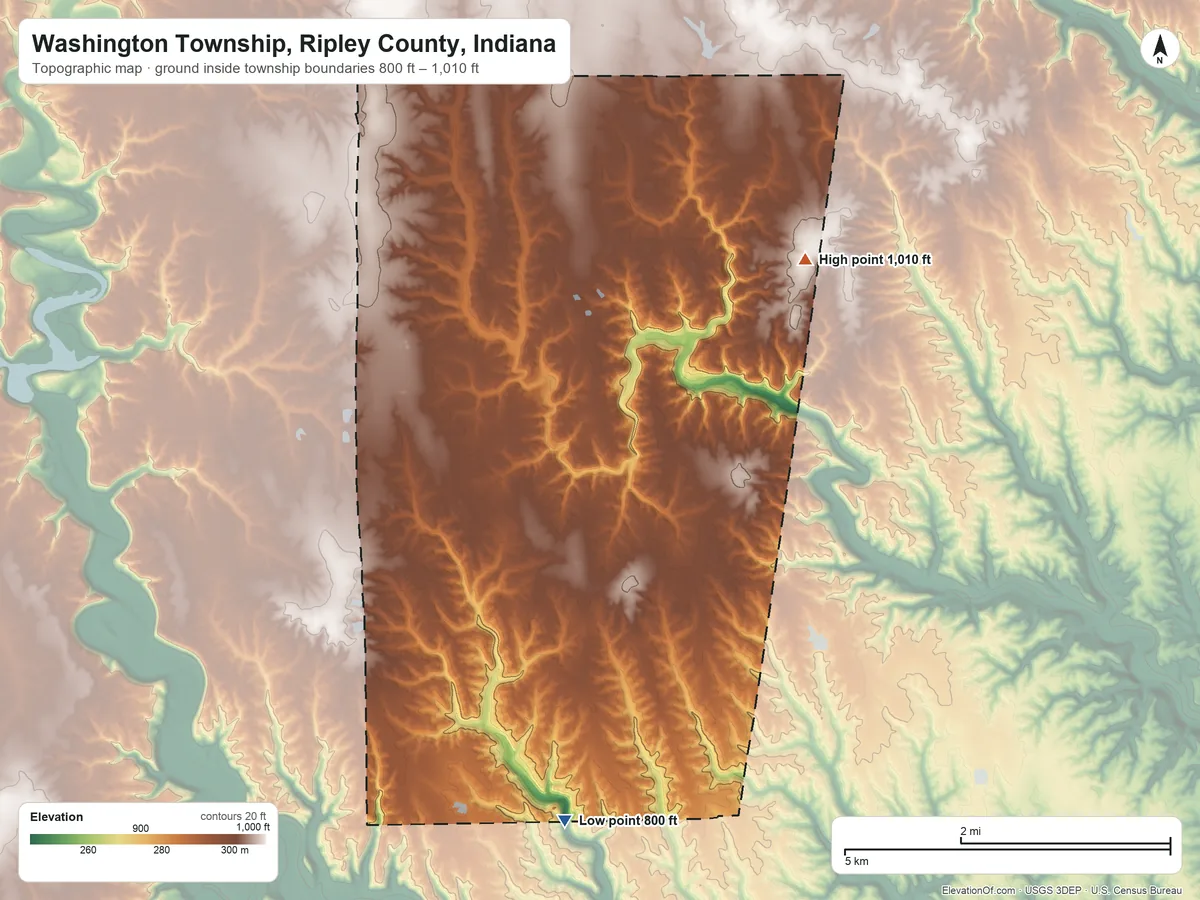 Topographic elevation map of Washington Township, Ripley County, Indiana, shaded from 800 ft on the south side to 1,010 ft on the northeast side