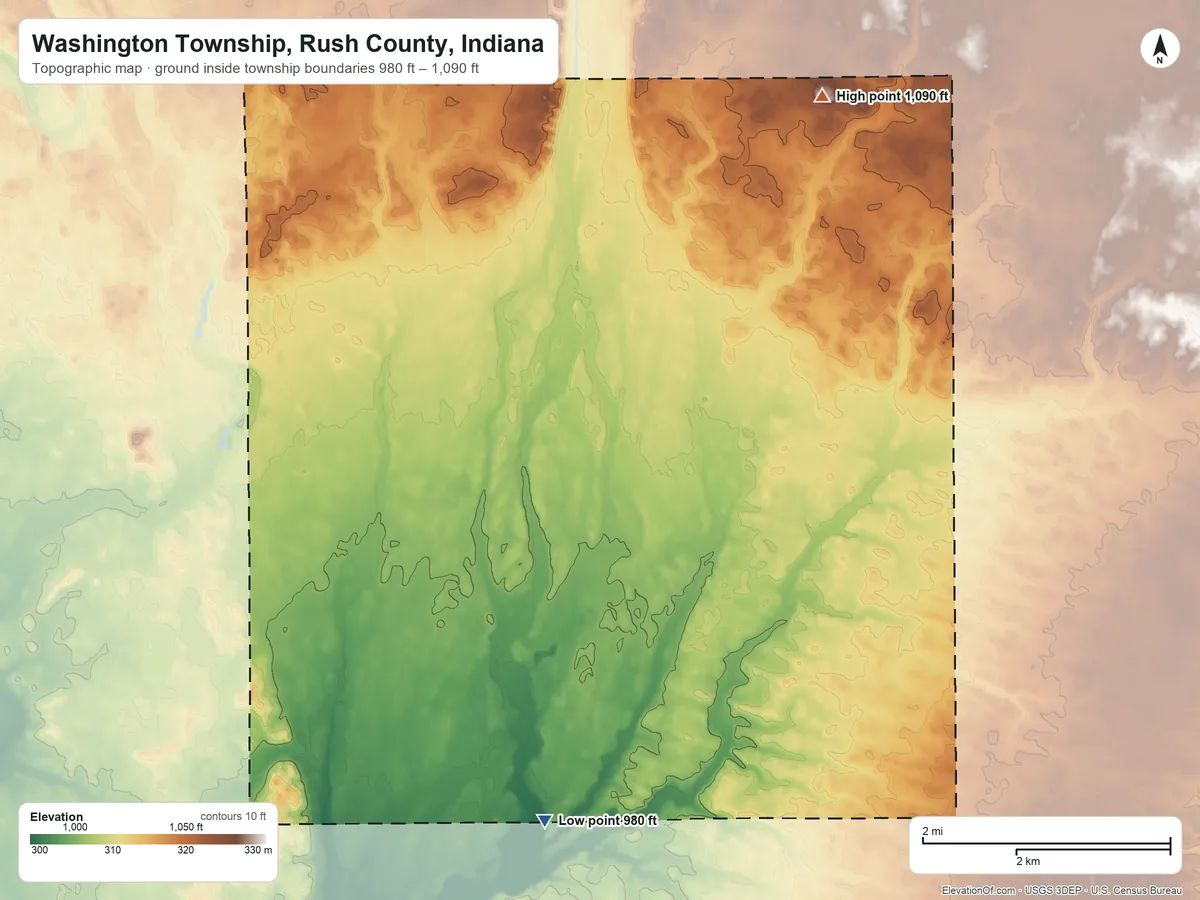 Topographic elevation map of Washington Township, Rush County, Indiana, shaded from 980 ft on the south side to 1,090 ft on the northeast side