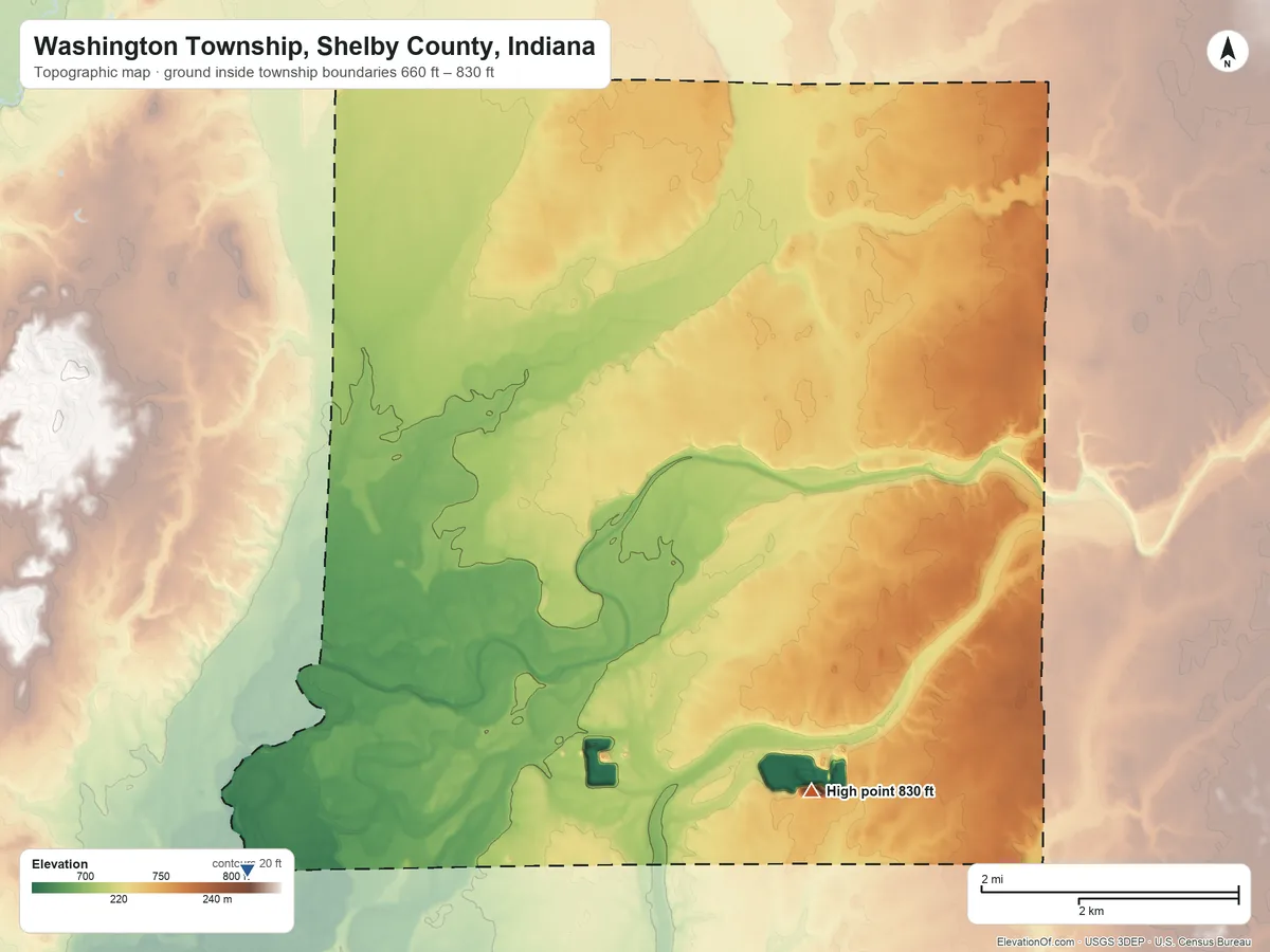 Topographic elevation map of Washington Township, Shelby County, Indiana, shaded from 660 ft on the southwest side to 830 ft on the south side