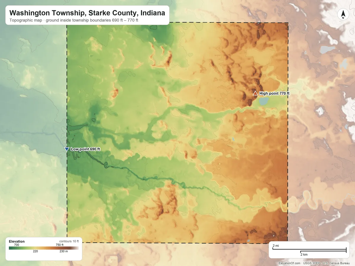 Topographic elevation map of Washington Township, Starke County, Indiana, shaded from 690 ft on the west side to 770 ft on the northeast side