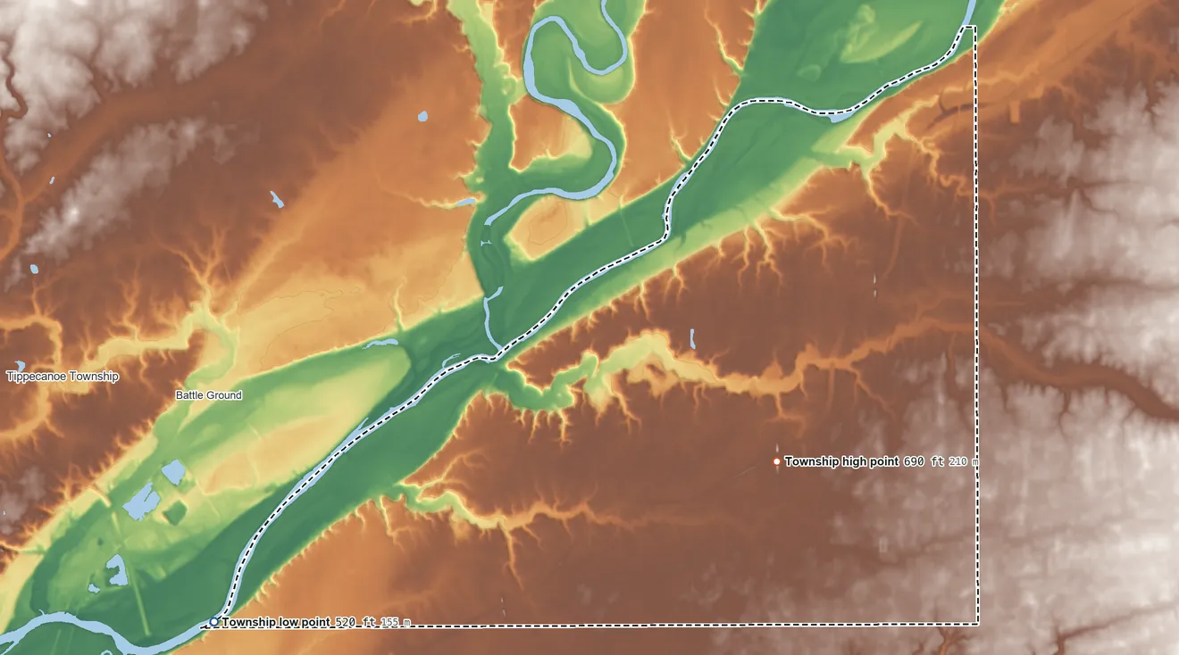 Topographic elevation map of Washington Township, Tippecanoe County, Indiana, shaded from 520 ft on the southwest side to 690 ft on the east side