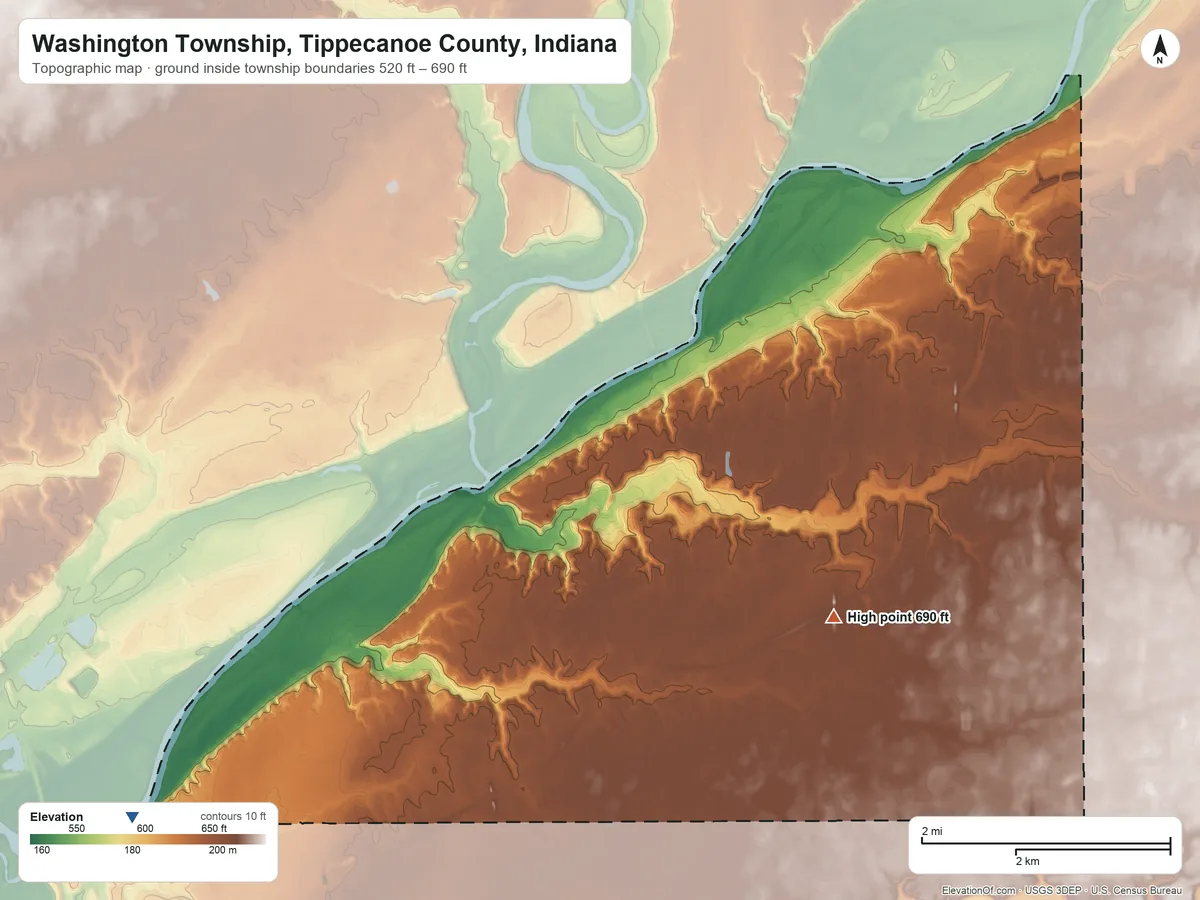 Topographic elevation map of Washington Township, Tippecanoe County, Indiana, shaded from 520 ft on the southwest side to 690 ft on the east side