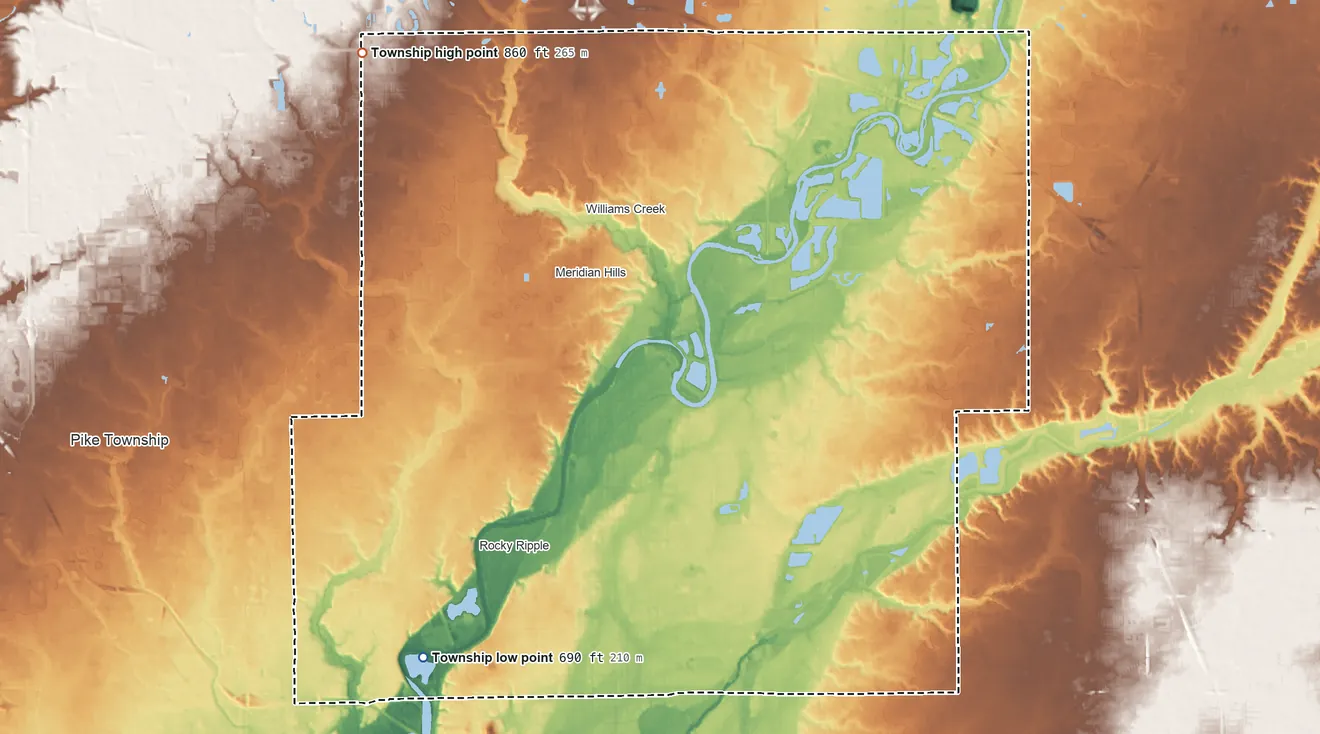 Topographic elevation map of Washington Township, Indiana, shaded from 690 ft on the southwest side to 860 ft on the northwest side