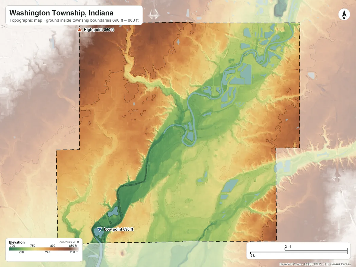 Topographic elevation map of Washington Township, Indiana, shaded from 690 ft on the southwest side to 860 ft on the northwest side