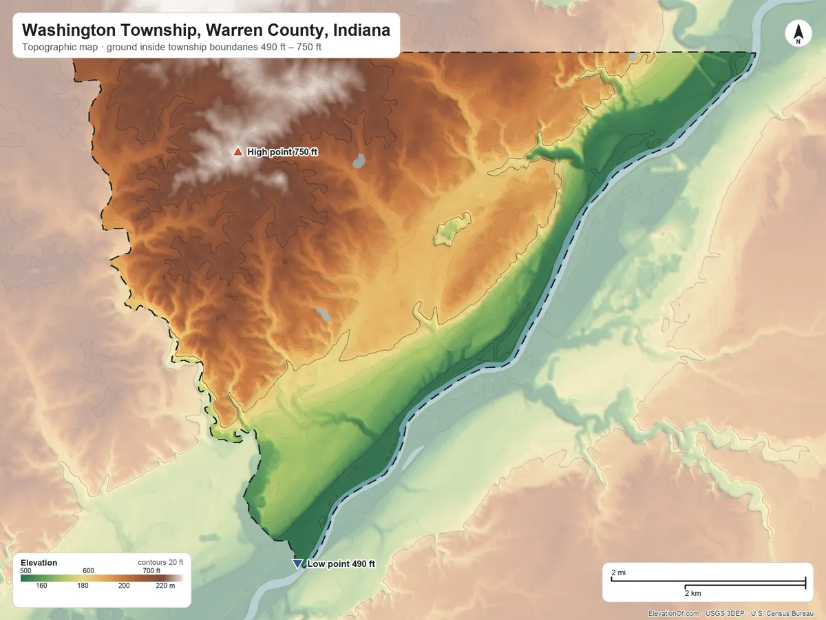 Topographic elevation map of Washington Township, Warren County, Indiana, shaded from 490 ft on the southwest side to 750 ft on the west side
