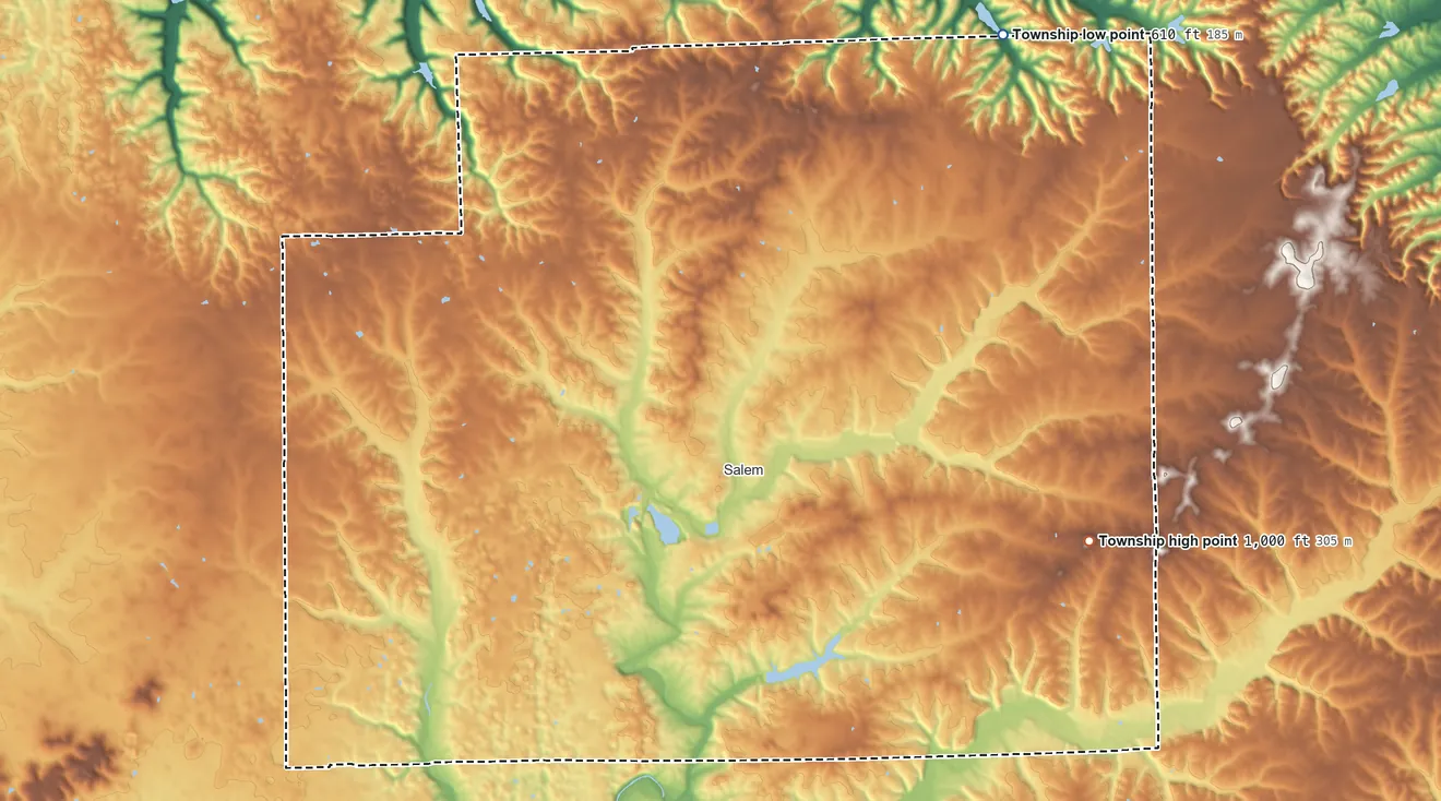 Topographic elevation map of Washington Township, Washington County, Indiana, shaded from 610 ft on the northeast side to 1,000 ft on the east side