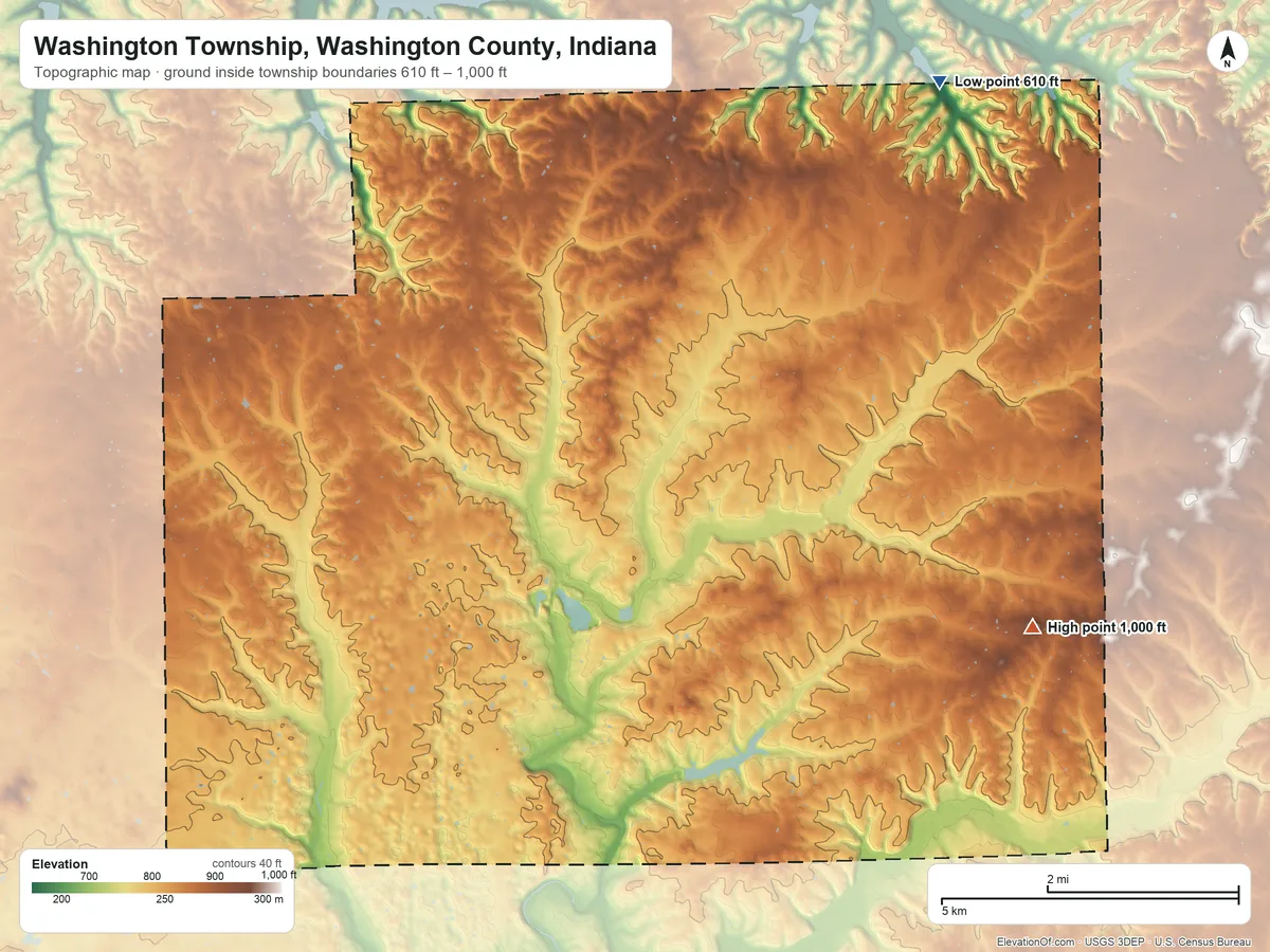 Topographic elevation map of Washington Township, Washington County, Indiana, shaded from 610 ft on the northeast side to 1,000 ft on the east side