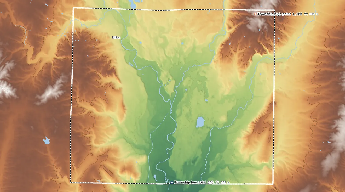 Topographic elevation map of Washington Township, Wayne County, Indiana, shaded from 840 ft on the south side to 1,100 ft on the northeast side