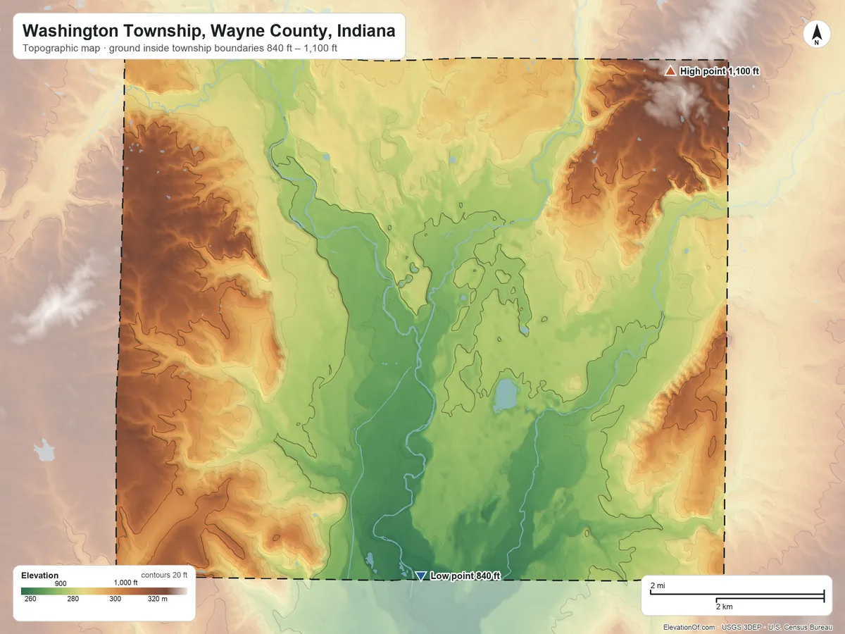 Topographic elevation map of Washington Township, Wayne County, Indiana, shaded from 840 ft on the south side to 1,100 ft on the northeast side