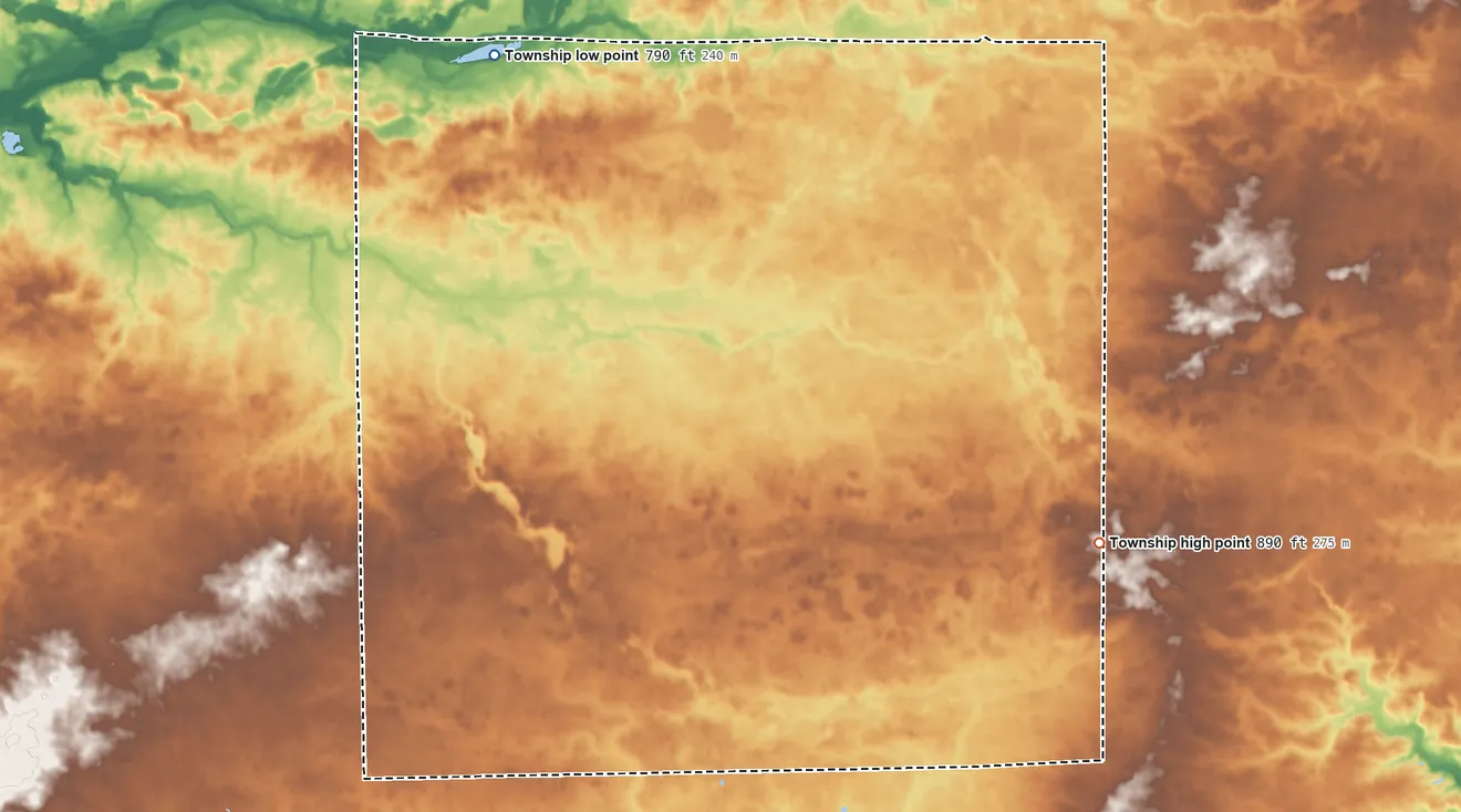 Topographic elevation map of Washington Township, Whitley County, Indiana, shaded from 790 ft on the northwest side to 890 ft on the southeast side