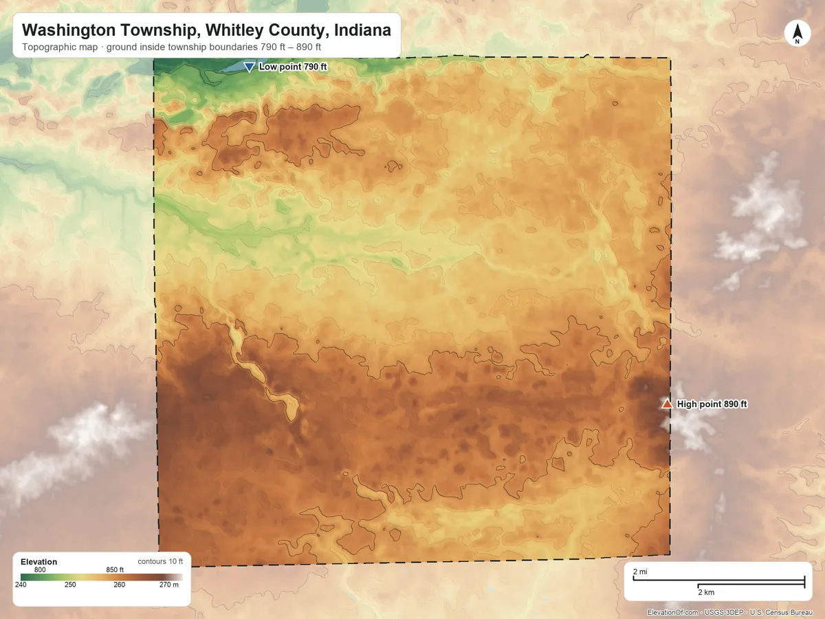 Topographic elevation map of Washington Township, Whitley County, Indiana, shaded from 790 ft on the northwest side to 890 ft on the southeast side