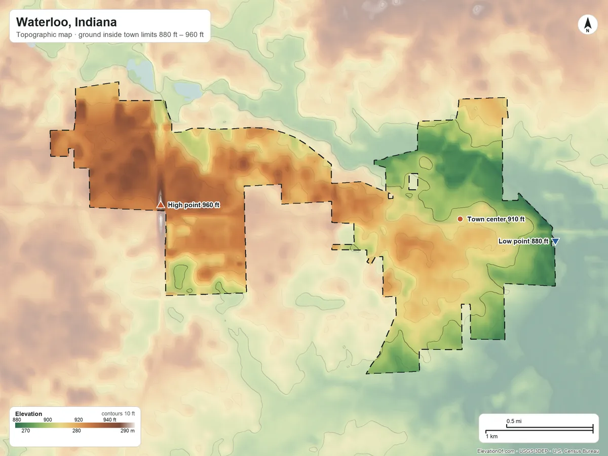 Topographic elevation map of Waterloo, Indiana, shaded from 880 ft on the east side to 960 ft on the west side