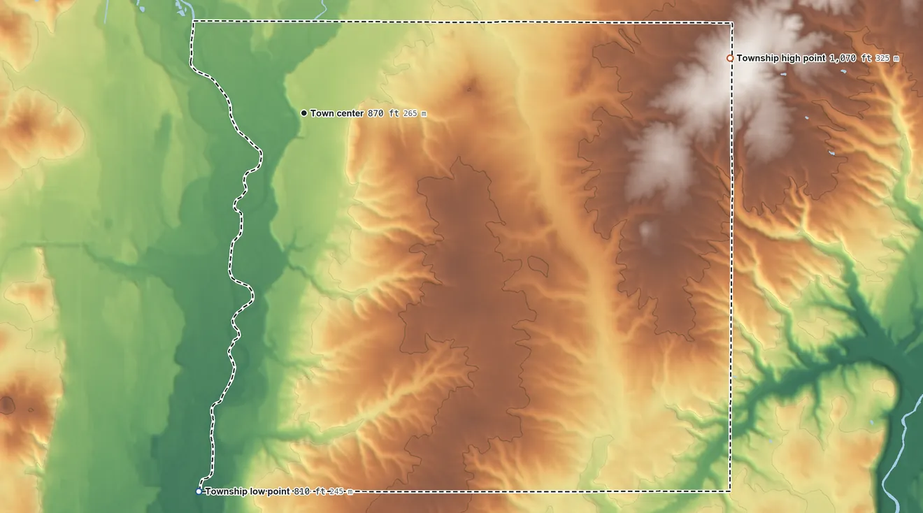 Topographic elevation map of Waterloo Township, Indiana, shaded from 810 ft on the south side to 1,070 ft on the east side