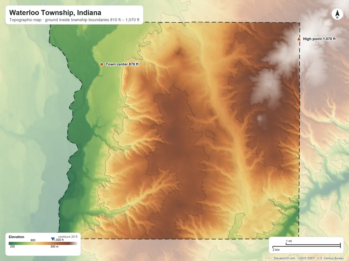 Topographic elevation map of Waterloo Township, Indiana, shaded from 810 ft on the south side to 1,070 ft on the east side