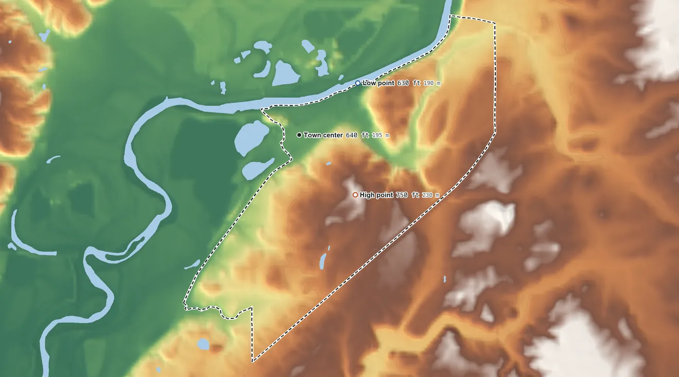 Topographic elevation map of Waverly, Indiana, shaded from 630 ft on the northeast side to 750 ft on the southeast side