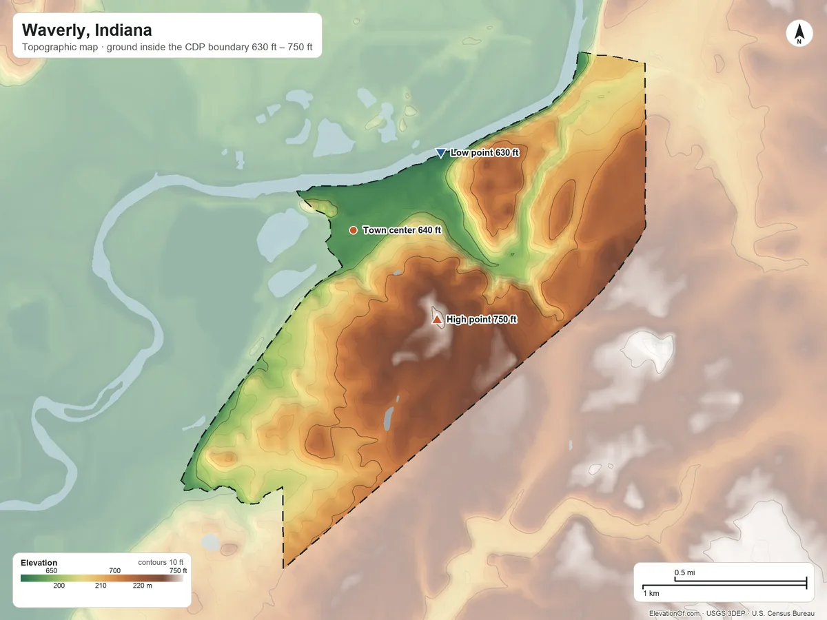 Topographic elevation map of Waverly, Indiana, shaded from 630 ft on the northeast side to 750 ft on the southeast side